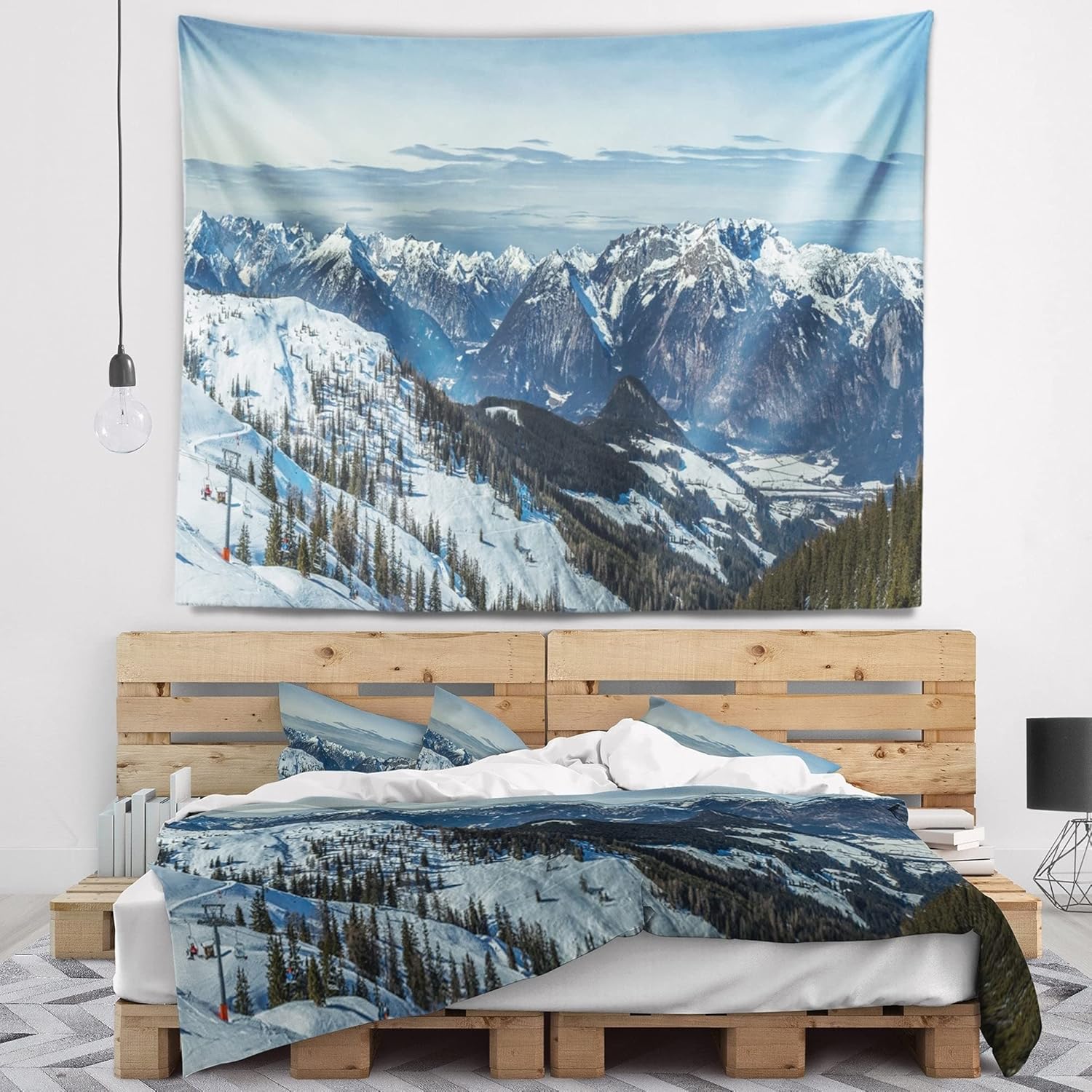 Designart ' White Ski Slope Panoramic View' Landscape Tapestry Blanket Décor Wall Art for Home and Office X-Large: 92 in. x 78 in