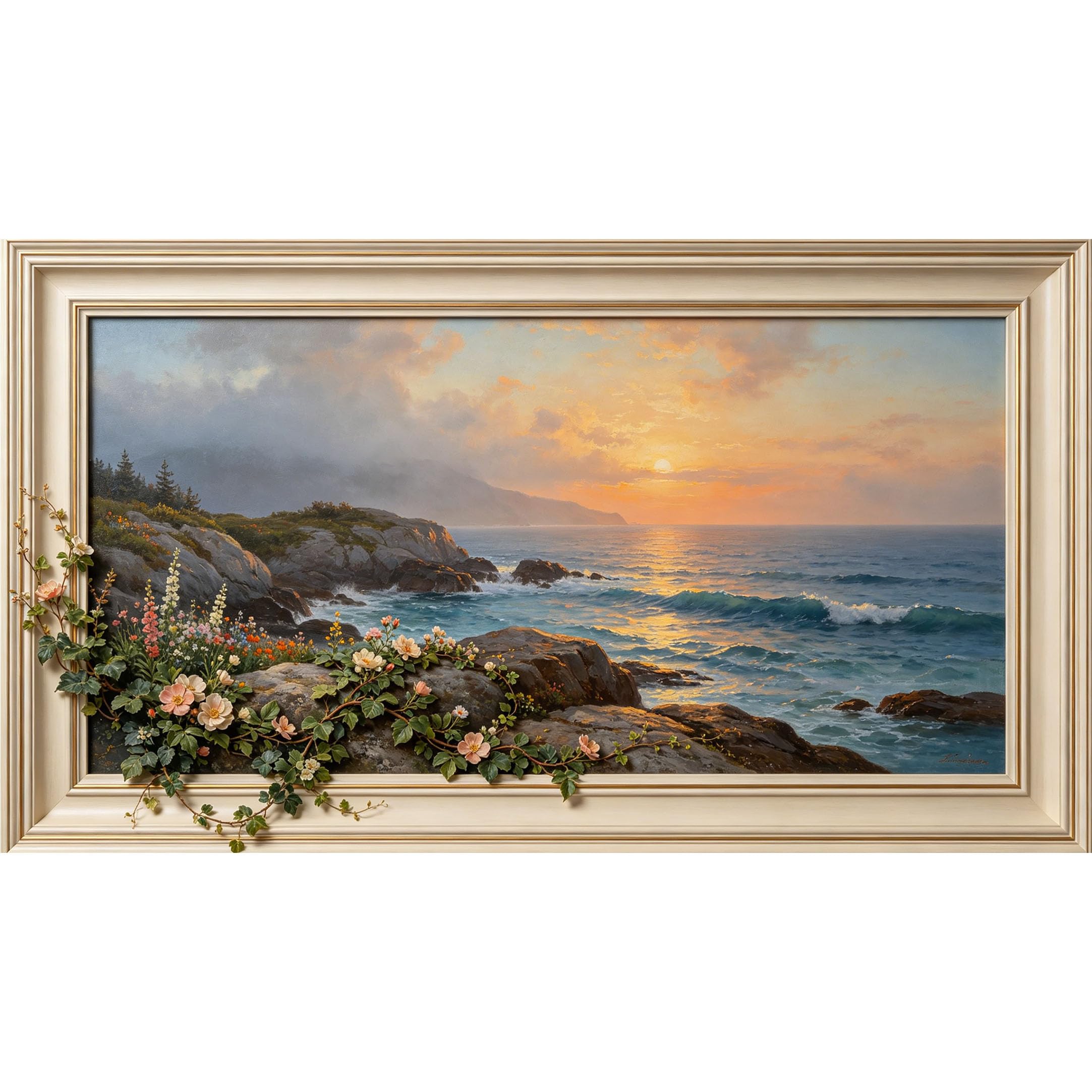 QZLITHOTIC 50x90cm3D Framed Wall Art， Coastal Sunset Ocean Waves Rocky Shore Floral Landscape Self‑Adhesive Mural， Water‑Activated Peel & Stick Fabric Decor Wall Decal for Bedroom Living Room