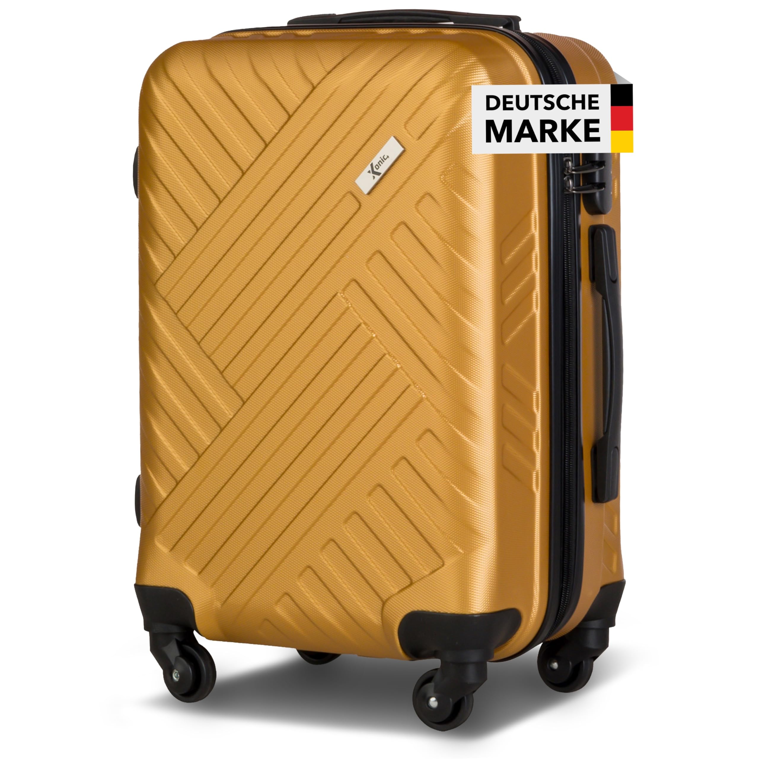 Xonic Design Reisekoffer - ABS Hartschalen Koffer mit 360° Leichtlauf-Rollen - hochwertiger Trolley mit Zahlenschloss in M-L-XL oder Set (Braun Gold, M)