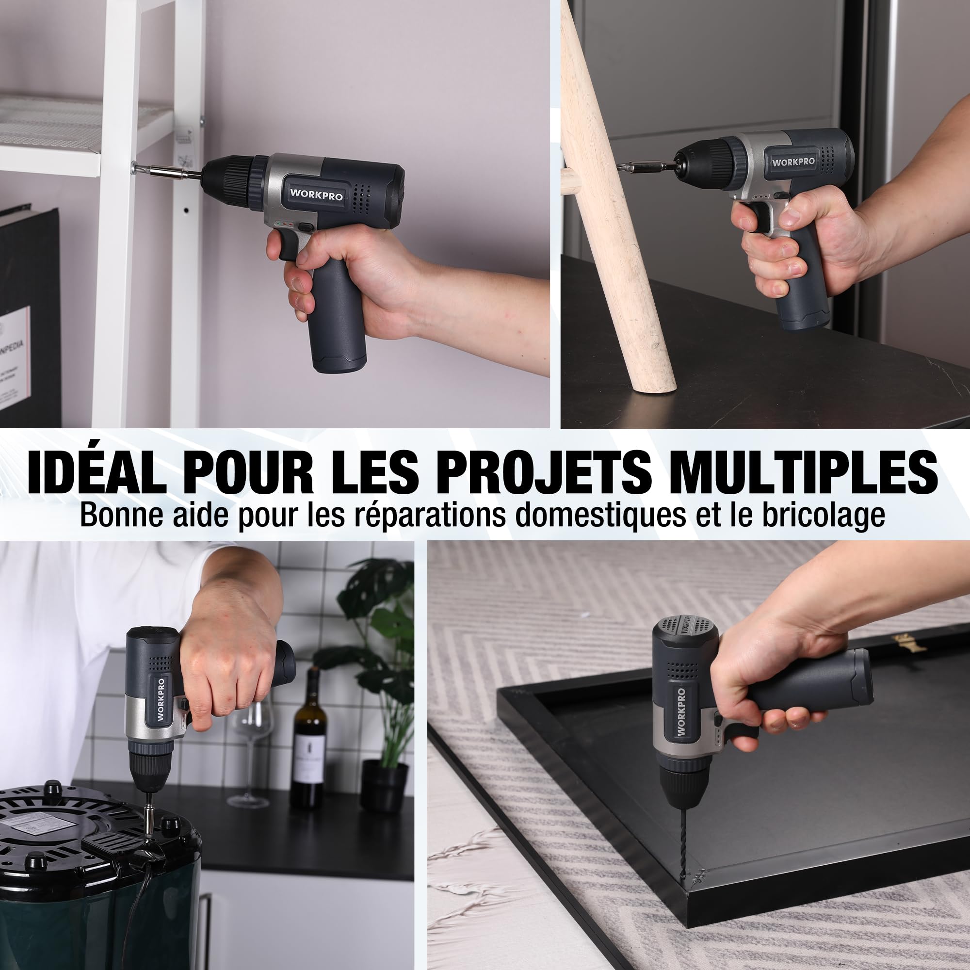 WORKPRO Kit de Perceuses Visseuse Sans Fil 8V Noir, Visseuse Devisseuse Sans Fil 2000mAh, Couple 12Nm, Mandrin de Perçage 10mm, LED Lumière, Kit d'Accessoires Complet, pour Réparation Maison DIY