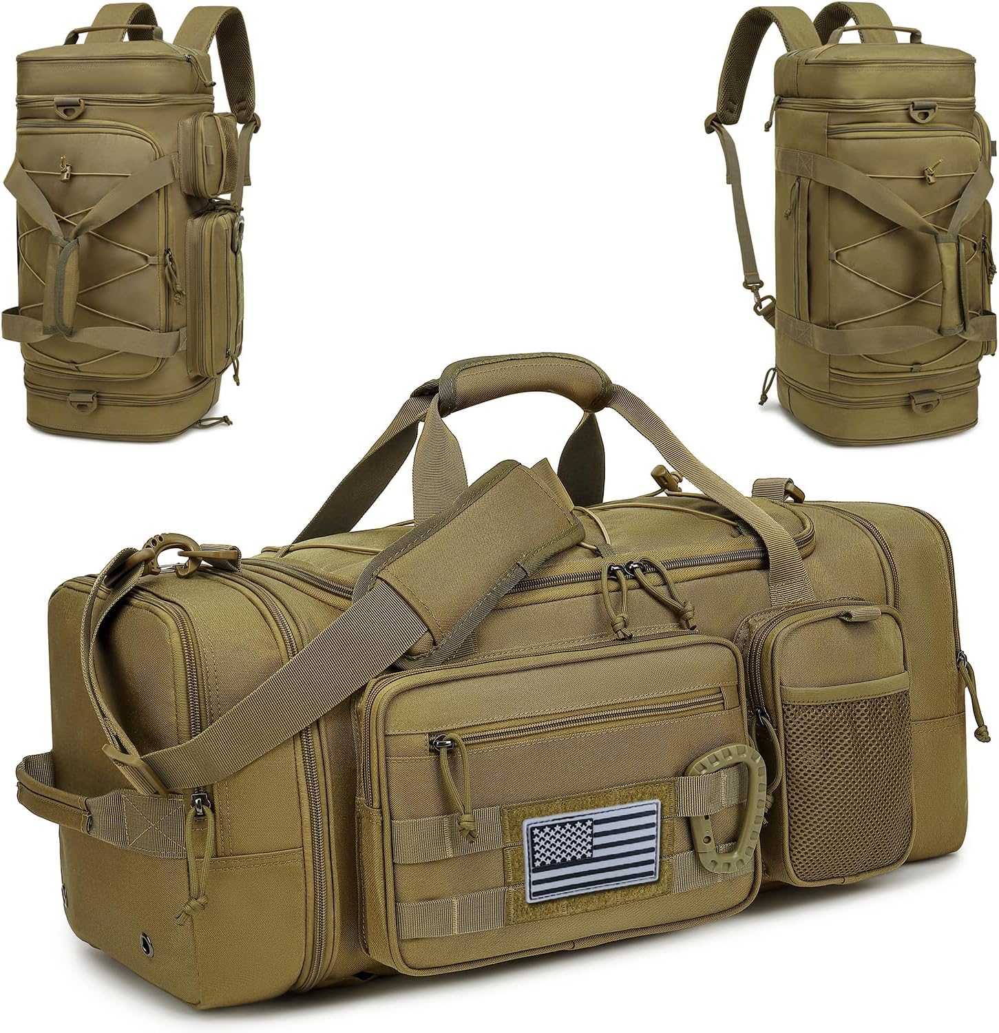 3 in 1 Tactical Gym Bag Backpack for Men 40-45L Expandable Travel Duffle Bag for Women Military Sport Duffel Bags Weekend Overnight with Shoe Compartment & Wet Pocket for Fitness, Brown