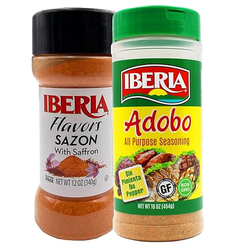 Iberia Sazon con azafrán, 12 onzas + Iberia Adobo condimento multiusos sin pimienta, 16 onzas
