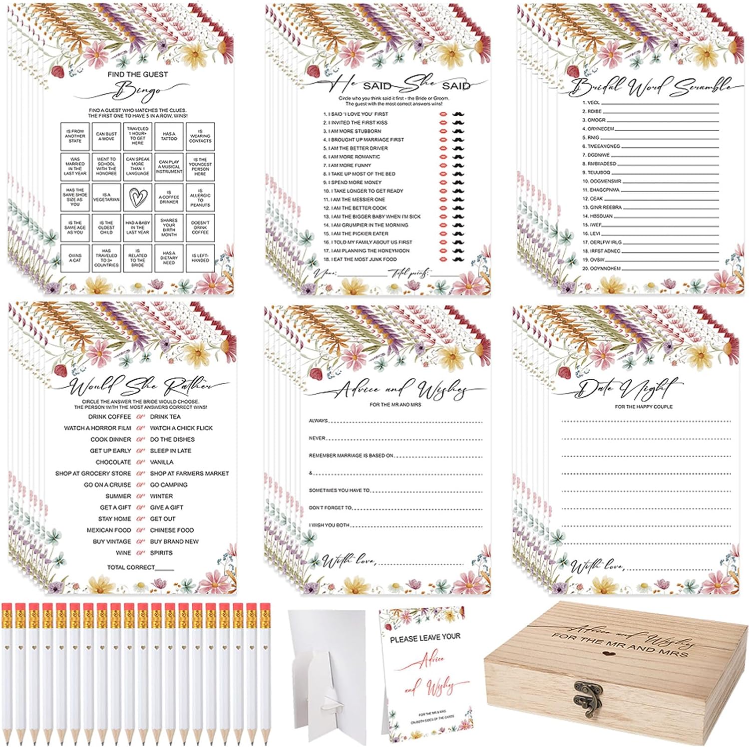 Silipull Bridal Shower Games Set for 50 Guests Includes Bingo, He Said She Said, Scramble, Would She Rather, Advice and Wishes Wedding Games Double Sided with Wooden Box, 20 Pencils(Wildflowers)