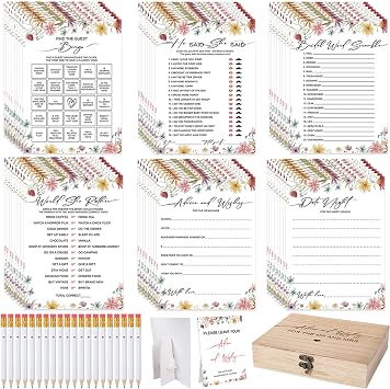 Silipull Bridal Shower Games Set for 50 Guests, Wildflowers | with Wooden Box Sign 20 Pencils, Includes Bingo, He Said She Said, Scramble, Would She Rather, Advice and Wishes Wedding Game