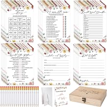 Silipull Bridal Shower Games Set for 50 Guests Includes Bingo, He Said She Said, Scramble, Would She Rather, Advice and Wishes Wedding Games Double Sided with Wooden Box, 20 PencilsWildflowers
