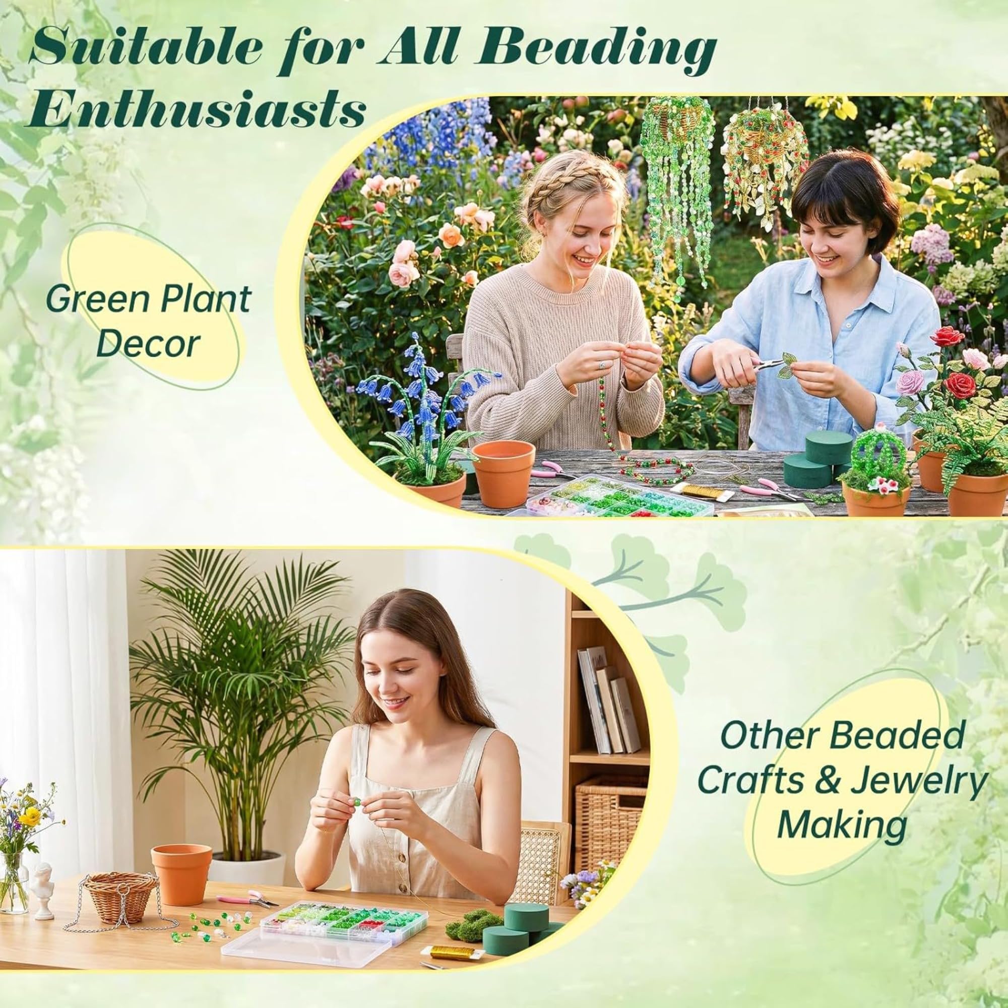 Perlenpflanzen DIY Set mit Grüne Perlen Töpfen Werkzeugen und Anleitung (A) | Kühlschrankmagnete, Grüne Glasperlen zum Auffädeln, Perlen-Set für Pflanzen-Liebhaber und Bastler