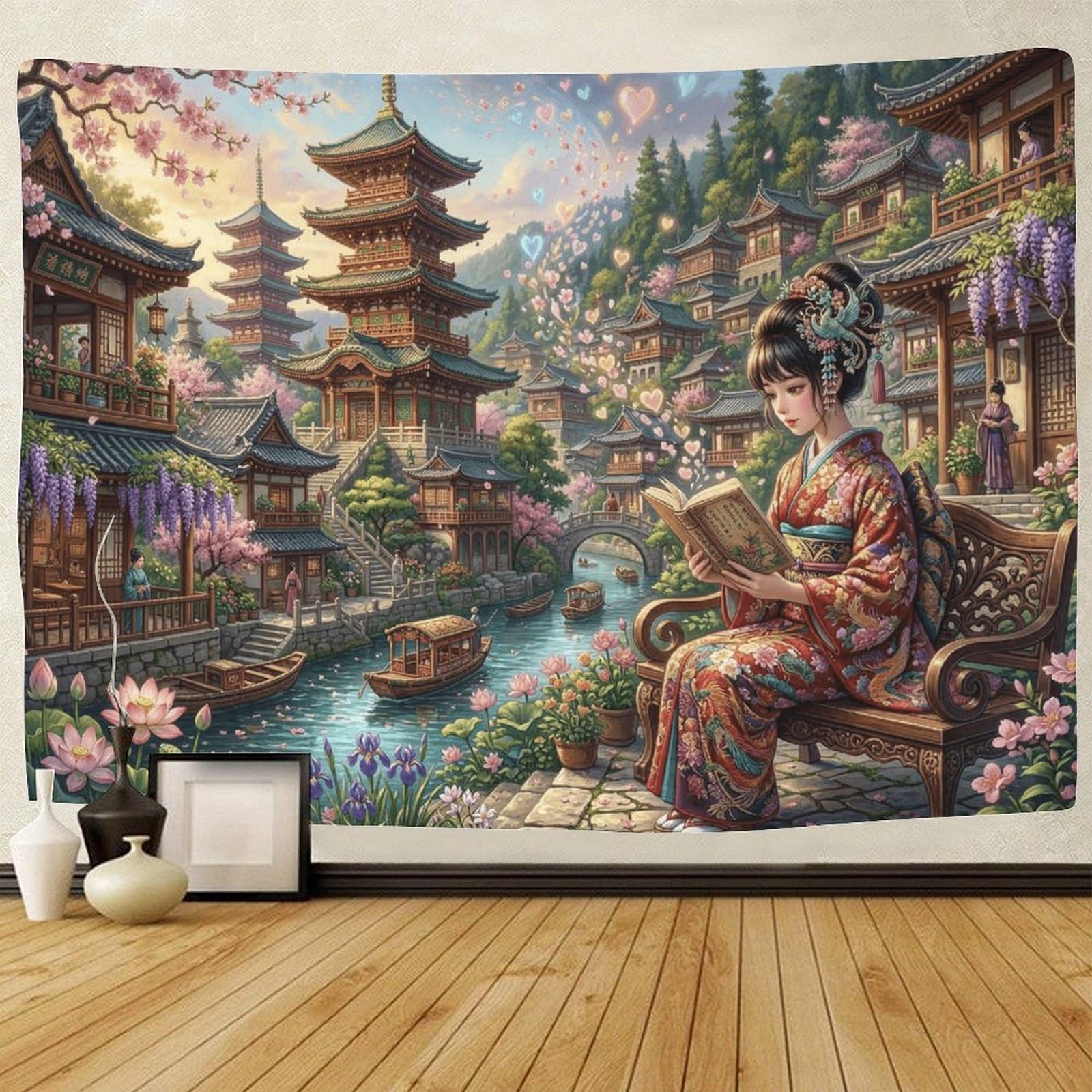 GPMNBCXZK Japanese Geisha Wall Tapestry Sakura 3D Printed Home Living Room Bedroom Hanging Decor 100cmx150cm