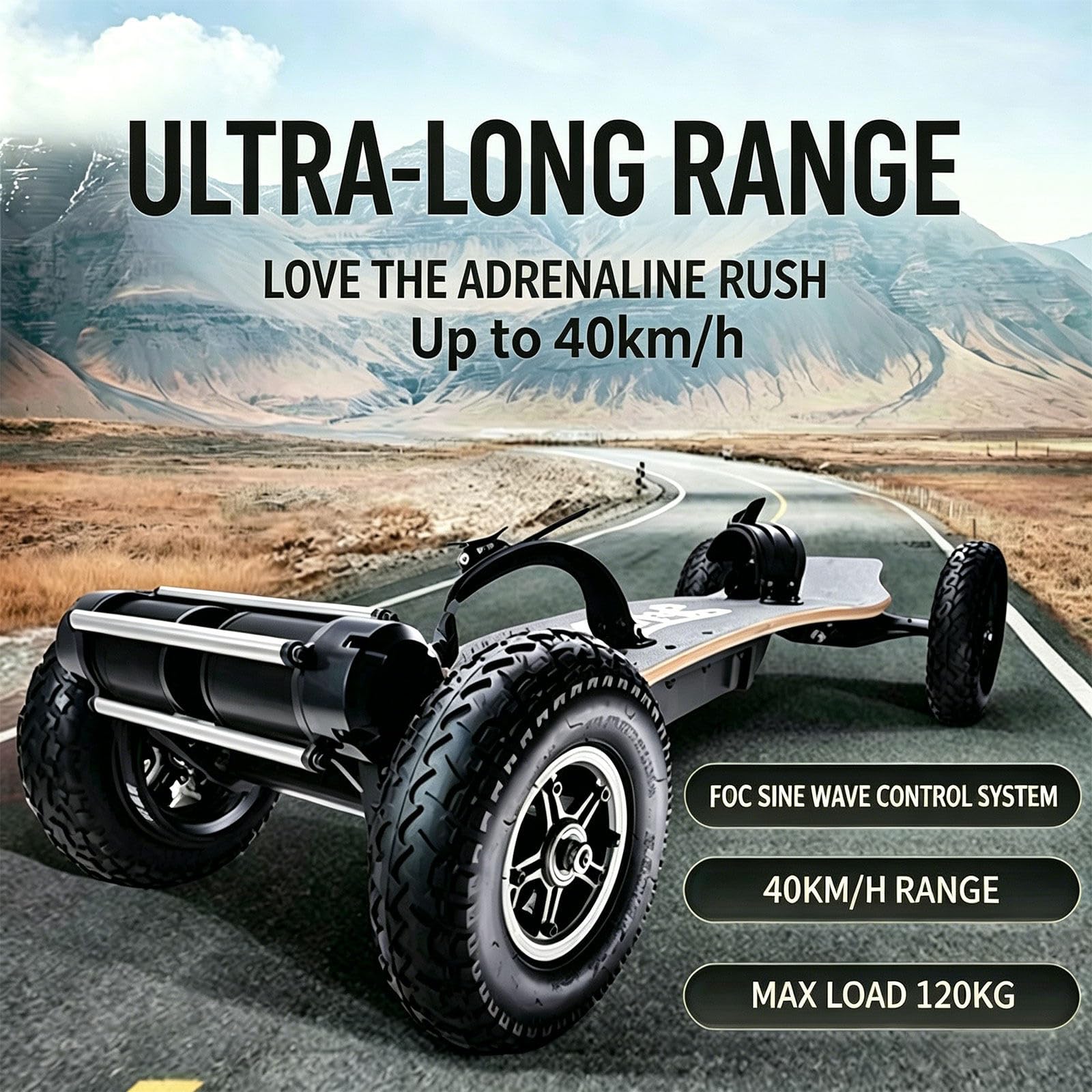 Longboard Skateboard, mountainboard Tout Terrain, Plateau 10 Plis, amortisseurs performants, Max 30 km Range at Steady 2nd Gear Speed, idéal Campus et trajets Routiers Rounded-Corners