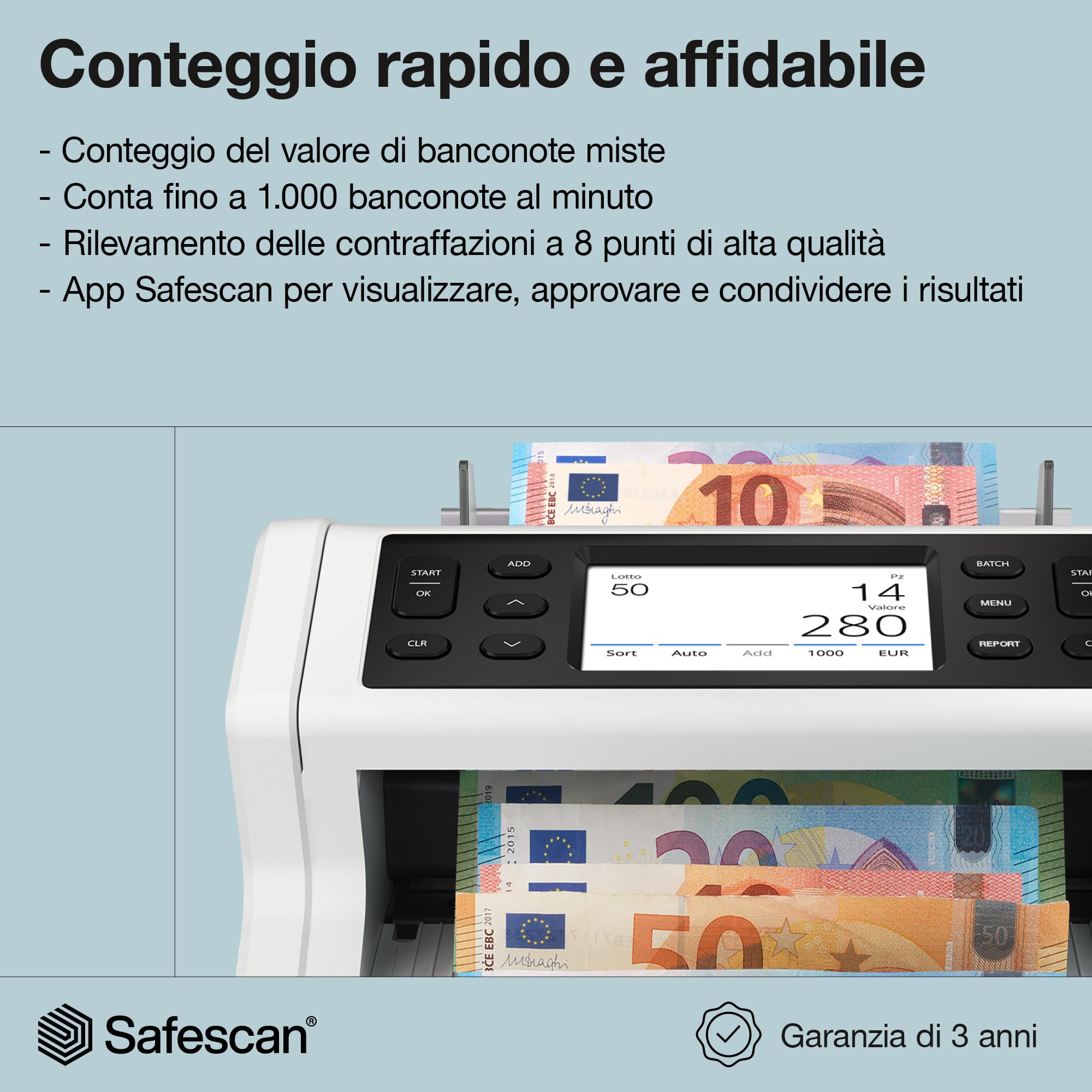 Safescan 2485-SC Contabanconote che conta il valore le banconote miste - Conta banconote con rilevatore di banconote falso a 8 punti - Macchina conta banconote con l'app gratuita Safescan | Contasoldi con l'app gratuita Safescan