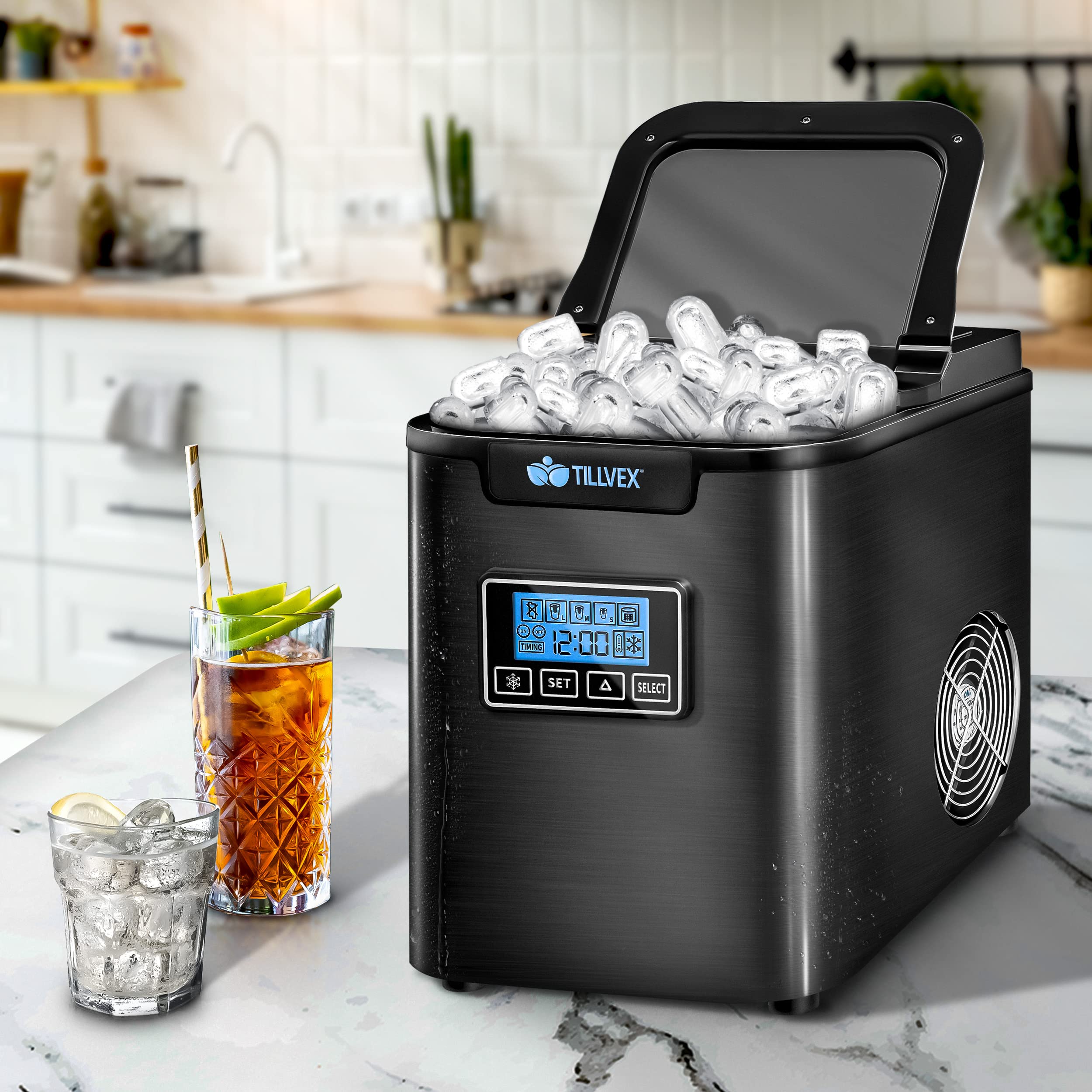 tillvex Eiswürfelmaschine Edelstahl 12 kg - 24 h | Eiswürfelbereiter mit Timer und 2,2 Liter Wassertank | Ice-Maker LCD-Display & Selbstreinigungsfunktion | 3 Eiswürfel Größen (Schwarz)