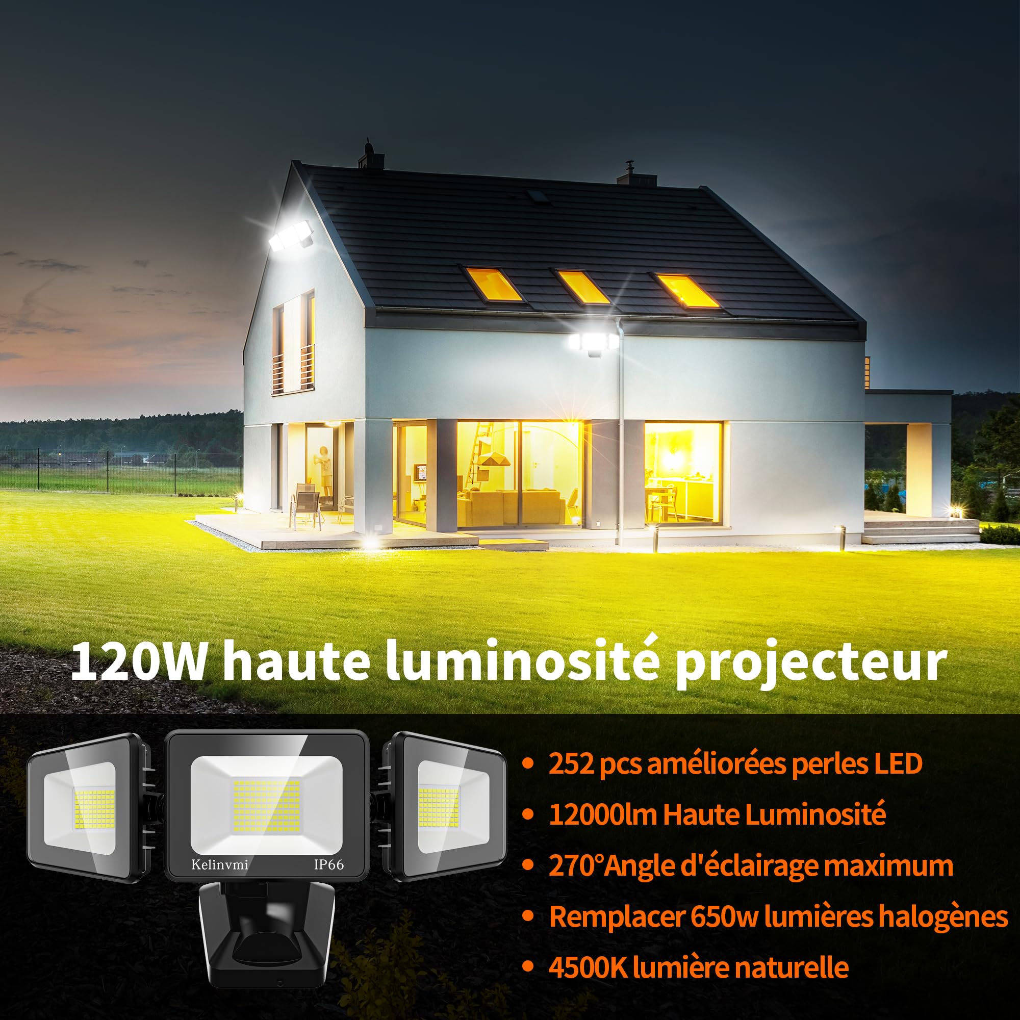 Projecteur LED d'extérieur 120 W 12000 lm Lumière de sécurité LED haute luminosité 4500 K Lumière blanche chaude avec IP66 étanche IP66 pour cour, jardin, aire de jeux