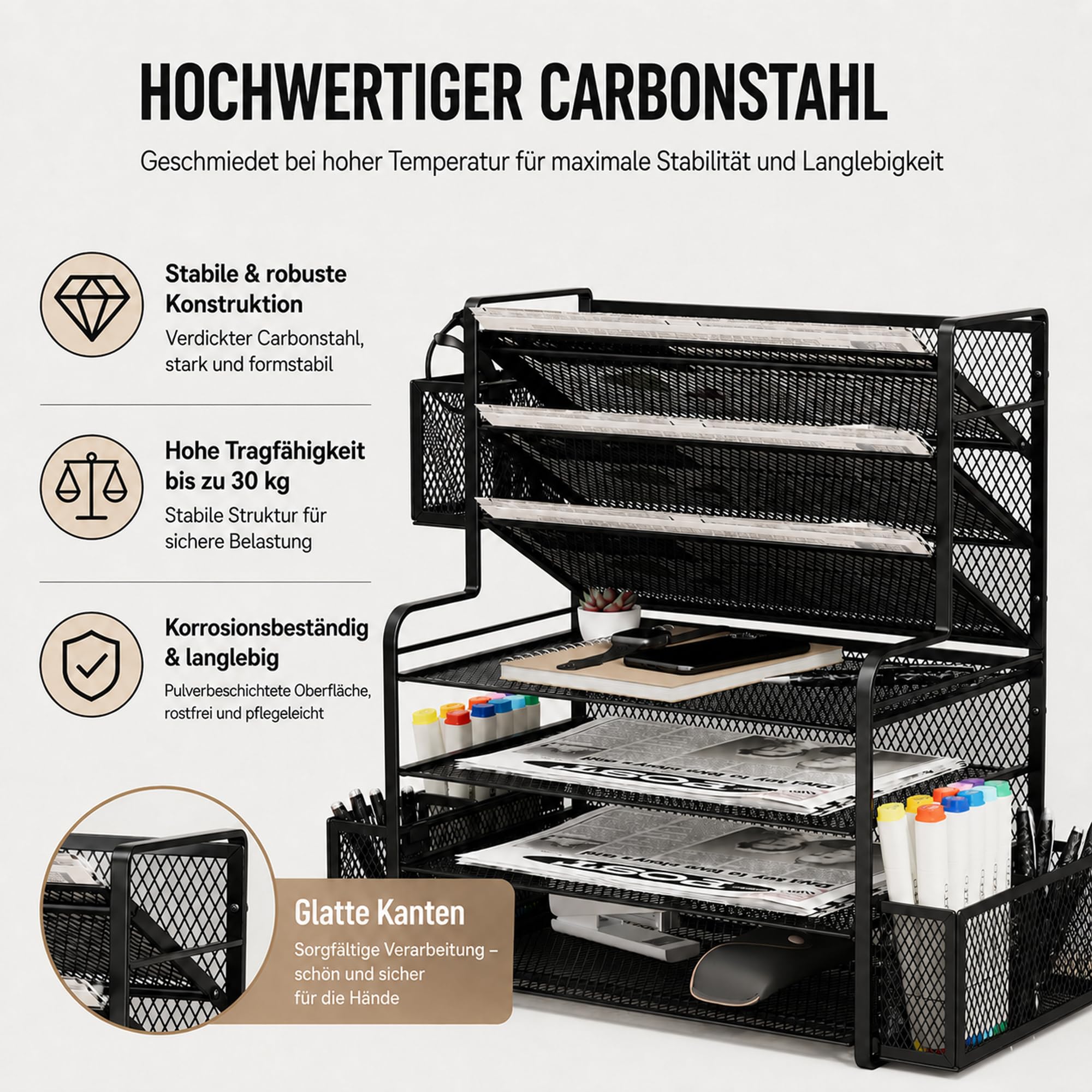 7-stöckiger Schreibtisch-Organizer aus Metall, Schwarz | Briefablage Papierablage mit Stiftehalter und Hängekorb, Dokumentenablage für Büro und Home Office