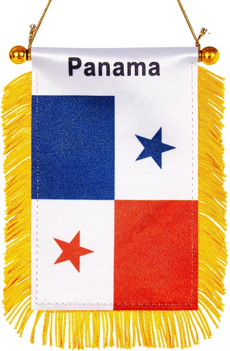 WXTWK 3 X 5 Inch Panama Flag Panamanian Window Hanging Flag Small Mini Car Flags Banners Rearview Mirror Decoration With Suction Cup Golden Fringy Banner