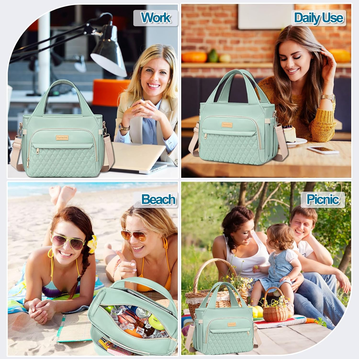 Lunch Bag Lunch Box Women - Insulated Lunch Tote Bag for Women Men, Leakproof Large Womens Lunch Bags for Work, Lunch Cooler Bag for Adult with Side Pocket for Picnic, Hiking, Beach (Green)