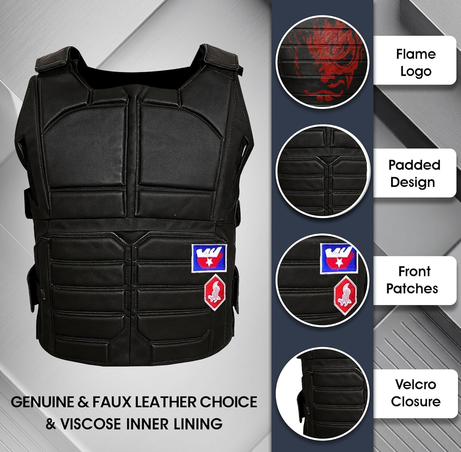 LP-FACON Mens 77 Punk Vest | Tactical Military Game Cosplay Costume Jacket | Black Faux & Real Leather