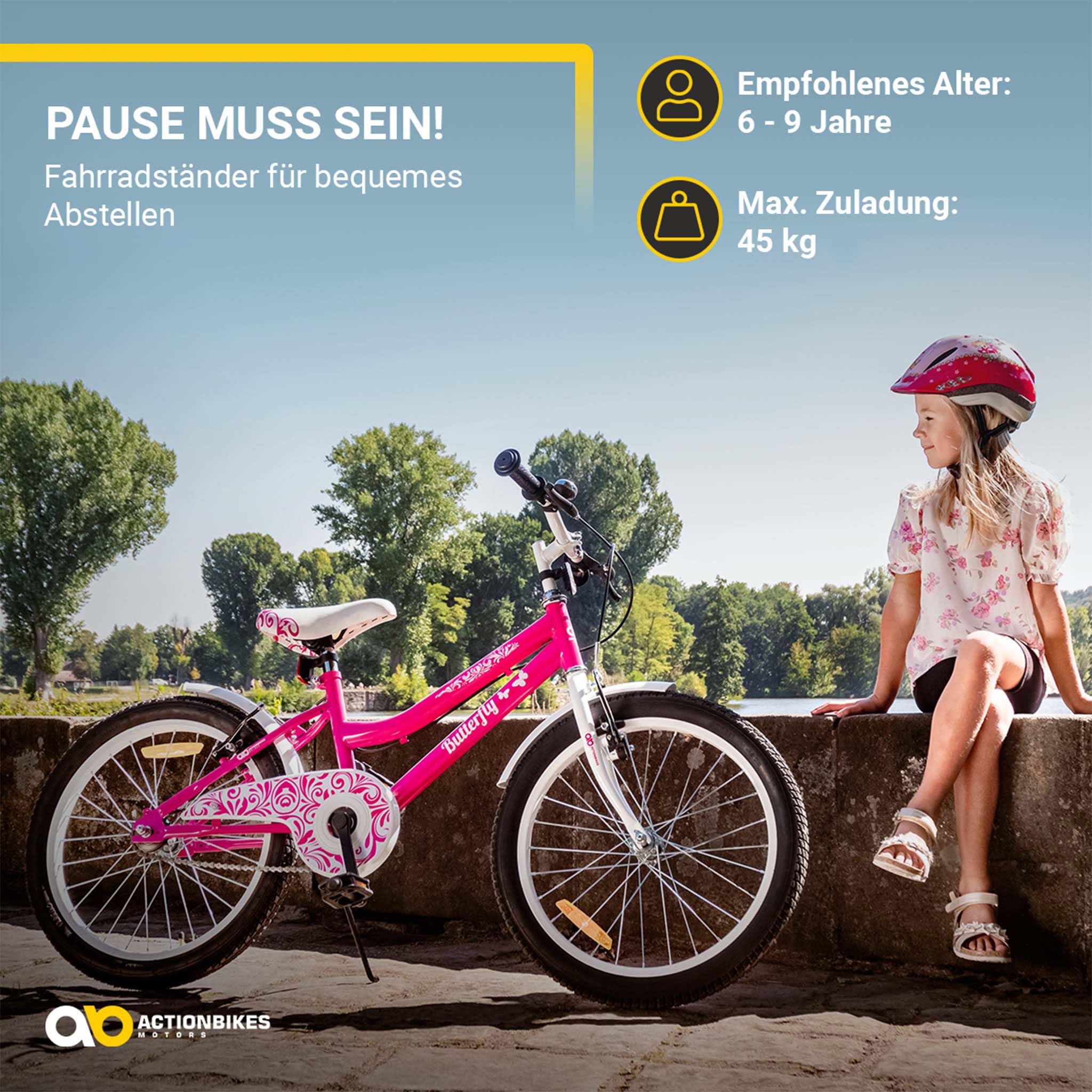 Actionbikes Kinderfahrrad Butterfly | 20 Zoll - V-Brake Bremsen - Schutzblech v. und h. - Kinder Fahrrad für Mädchen - Fahrräder - Kinderrad - Jugendrad - Von 6-9 Jahren