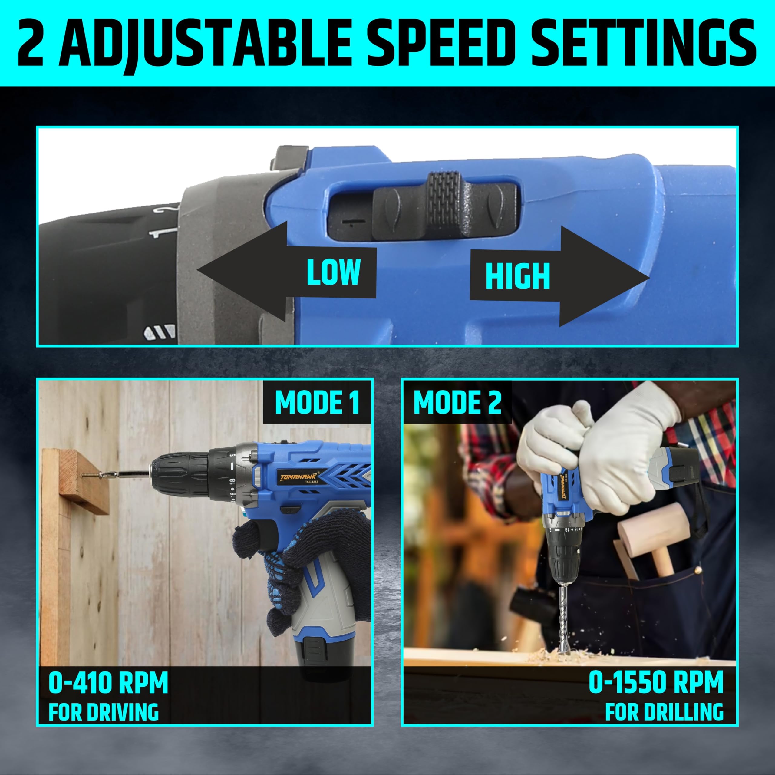 Tomahawk TSE-1212 12V Cordless Drill Machine & Screwdriver Kit for Home | 10mm Keyless Chuck | 2-Speed 350/1350 RPM | 28 Nm, 18+1 Clutch | 2 x 1.5Ah Batteries + Charger | LED Light 3