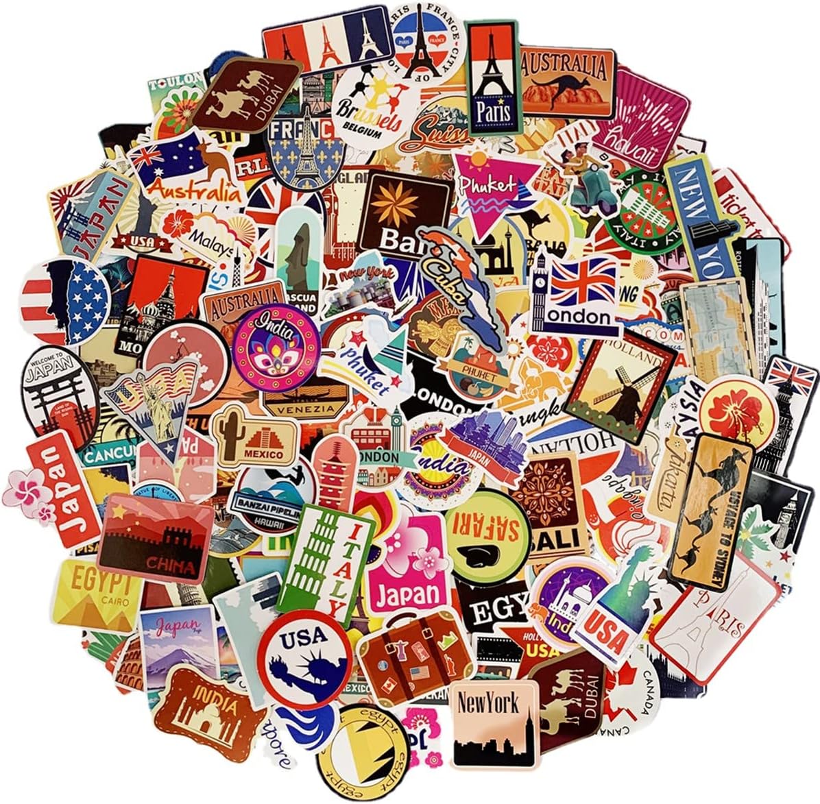 150 Travel Stickers,World Famous Country Regions Logo Vinyl Waterproof Sticker for Passport Suitcase Skateboard Skateboard Bicycle Luggage Decal for Adult Kids Teens
