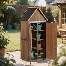 Outdoor Storage Cabinet, 32.3" L x 21" W x 67" H, Garden Tool Shed with Metal Frame, 5-Shelf Wood Storage for Backyard Patio 32.3" L X 21" W X 67" H