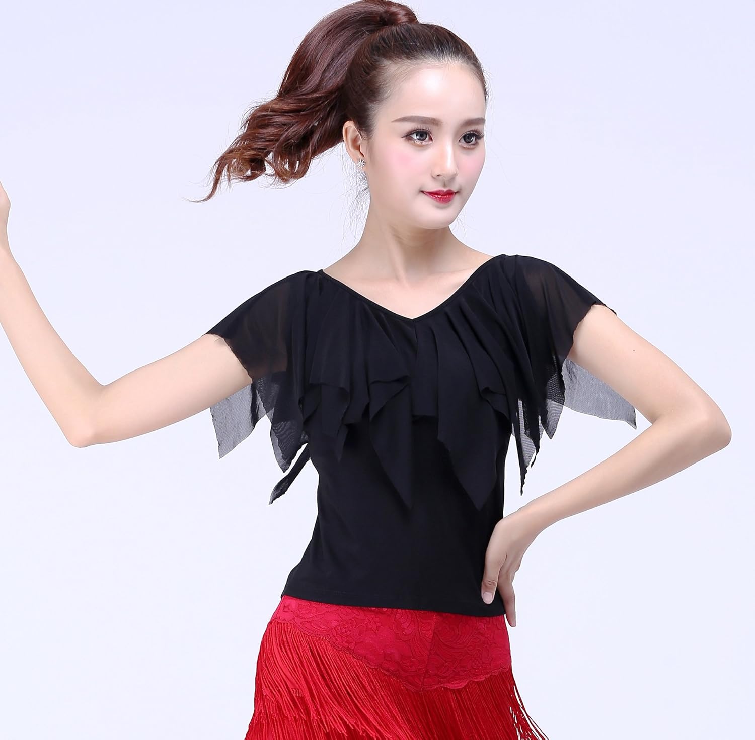 Women's Black Short Sleeves Latin Ballroom Salsa Chacha Practice Dance Wear Tee Shirt Tops