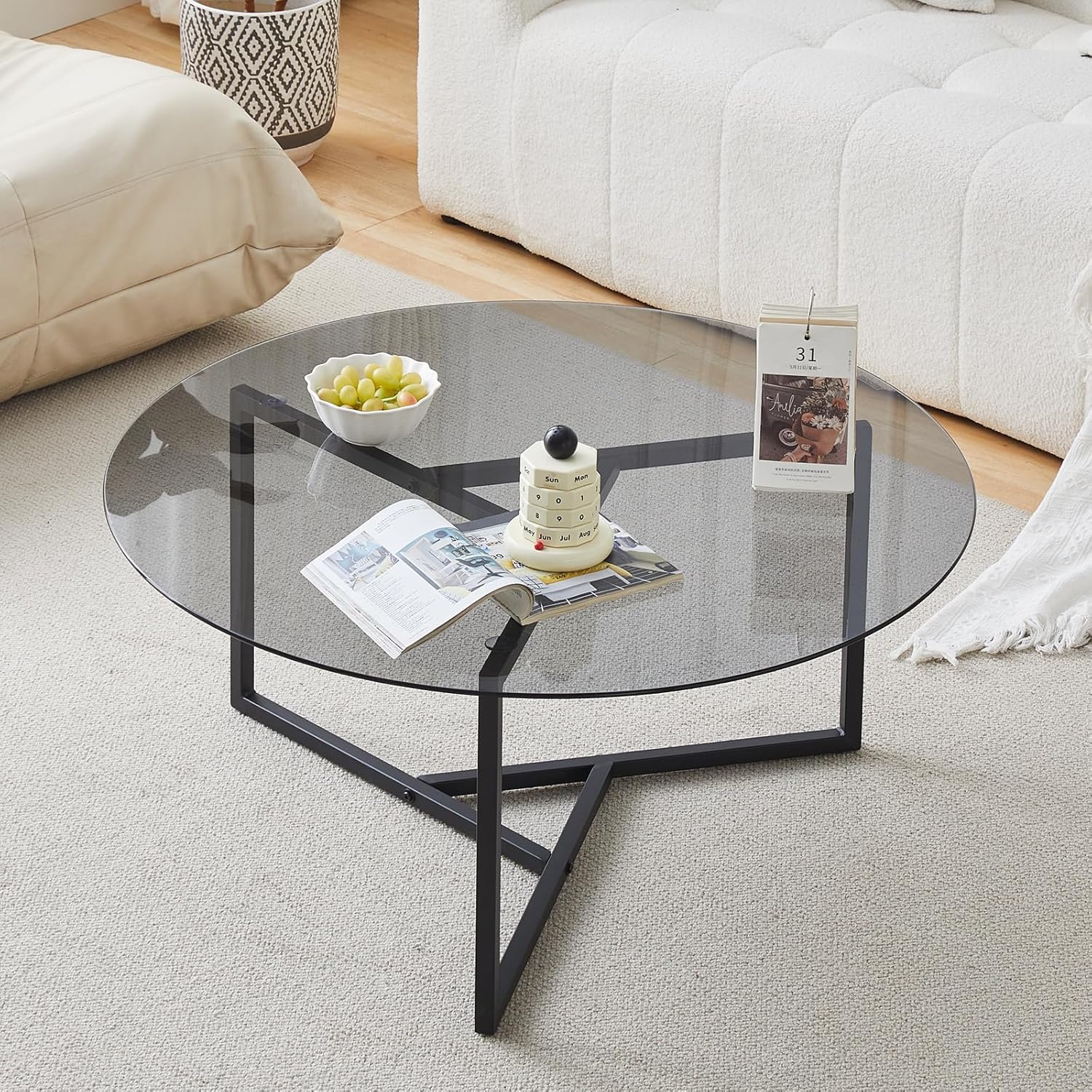 Round Coffee Table, 35.4 Inch Circle Glass Top Center Table with Iron Legs, Modern Minimalist Design for Living Room, Office (Black Top)