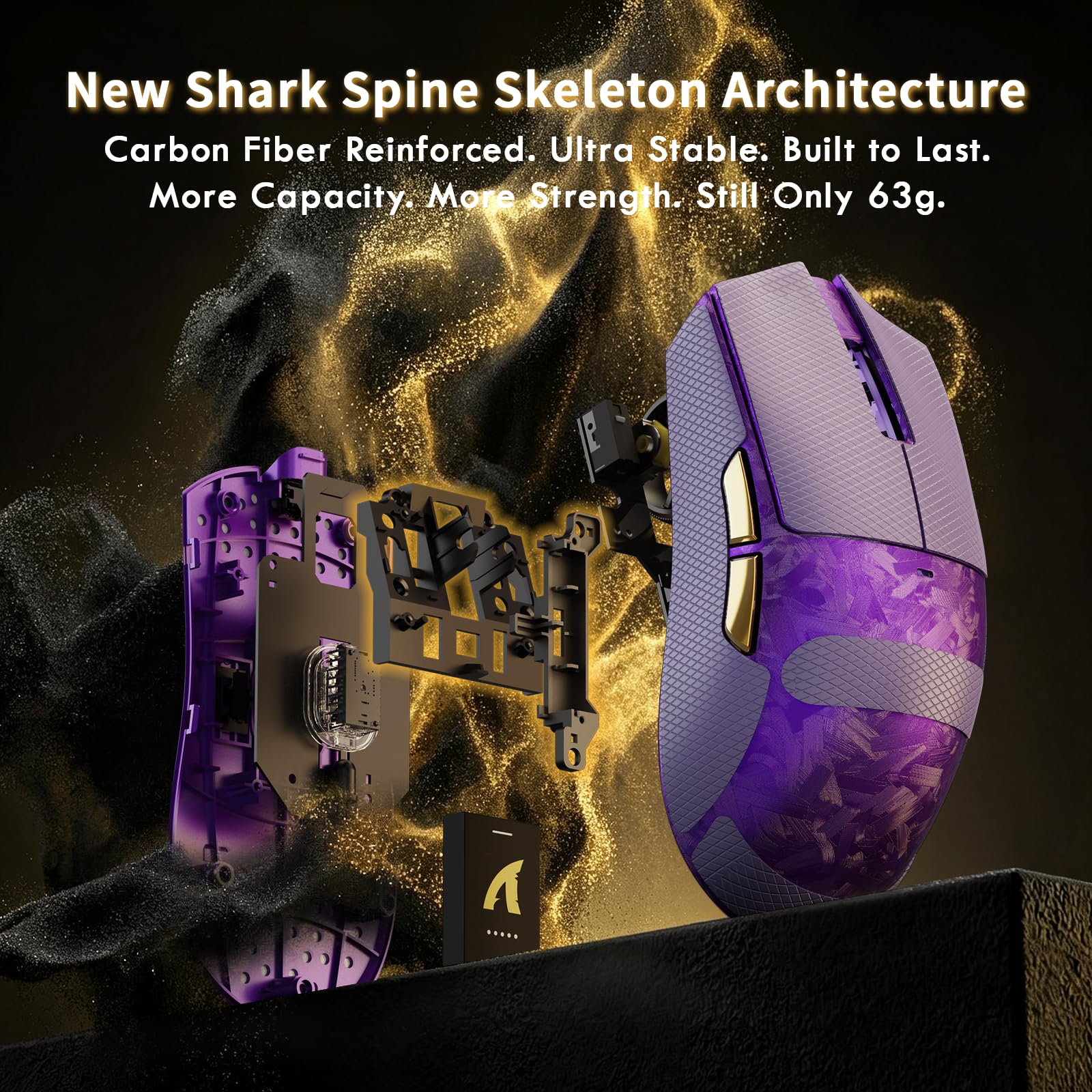 MAMBASNAKE ATTACK SHARK X11 ULTRA Mouse Gaming Wireless Fibra di Carbonio con Grip Tape, Nordic 54L15, PAW3950MAX, 42000 DPI, Dual 8000Hz, 63g Leggero, Dongle Pinna Squalo, Piedi Doppio Strato, Viola