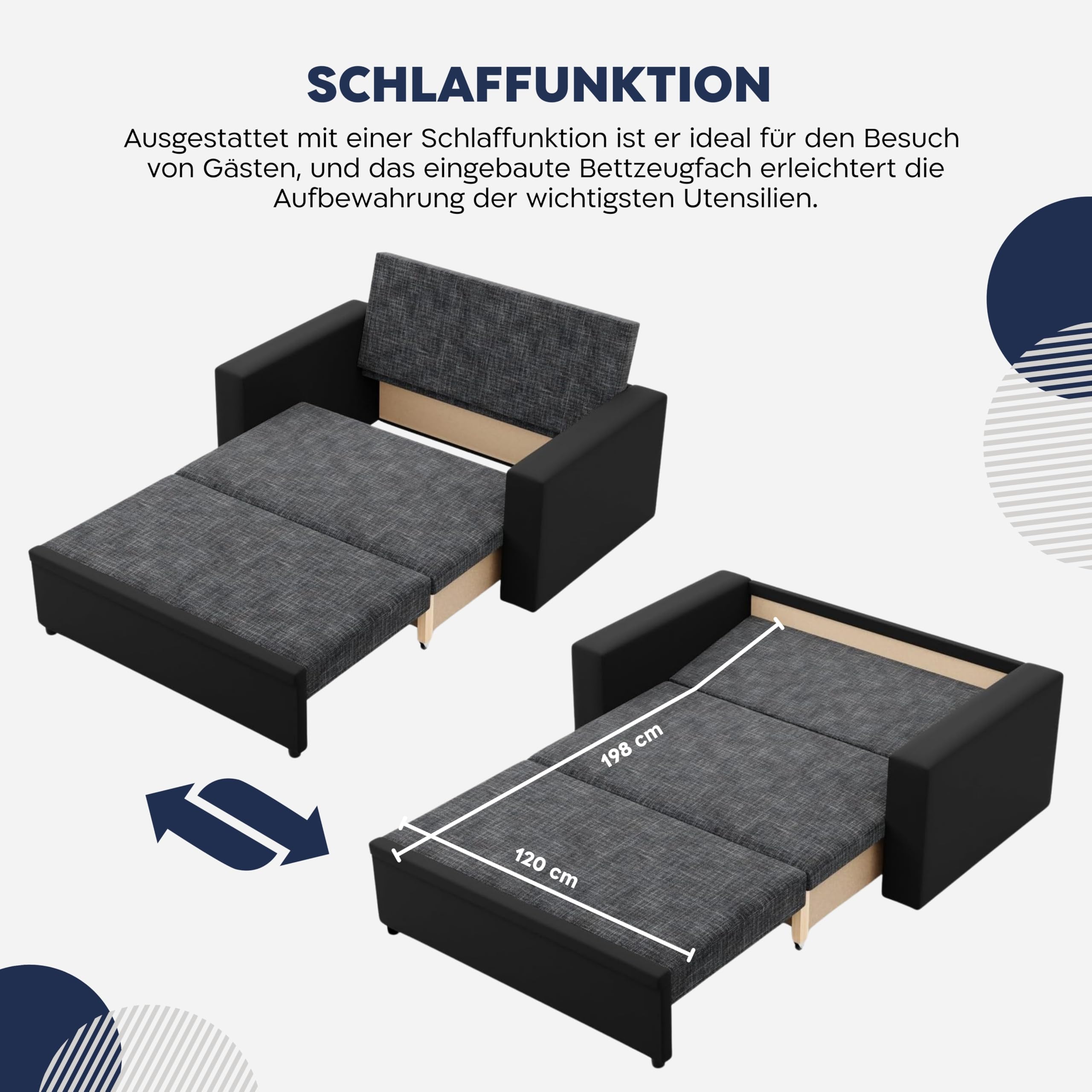 Mebligo - Zweisitzer Sofa Wohnzimmer mit Schlaffunktion, Bettkasten und Kunsteleder 148x90x87 (BxHxT) Dunkelgrau und Schwarz Luna, Schlafsofa Platzsparend, Schlafcouch, Sofabett, Sofa Bed, Bettsofa