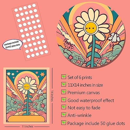 Miniatura 9 de Juego de 6 impresiones de arte hippie para pared, diseño retro, lienzo de flores hippie de los años 60 y 70, pósteres vintage, abstracto,