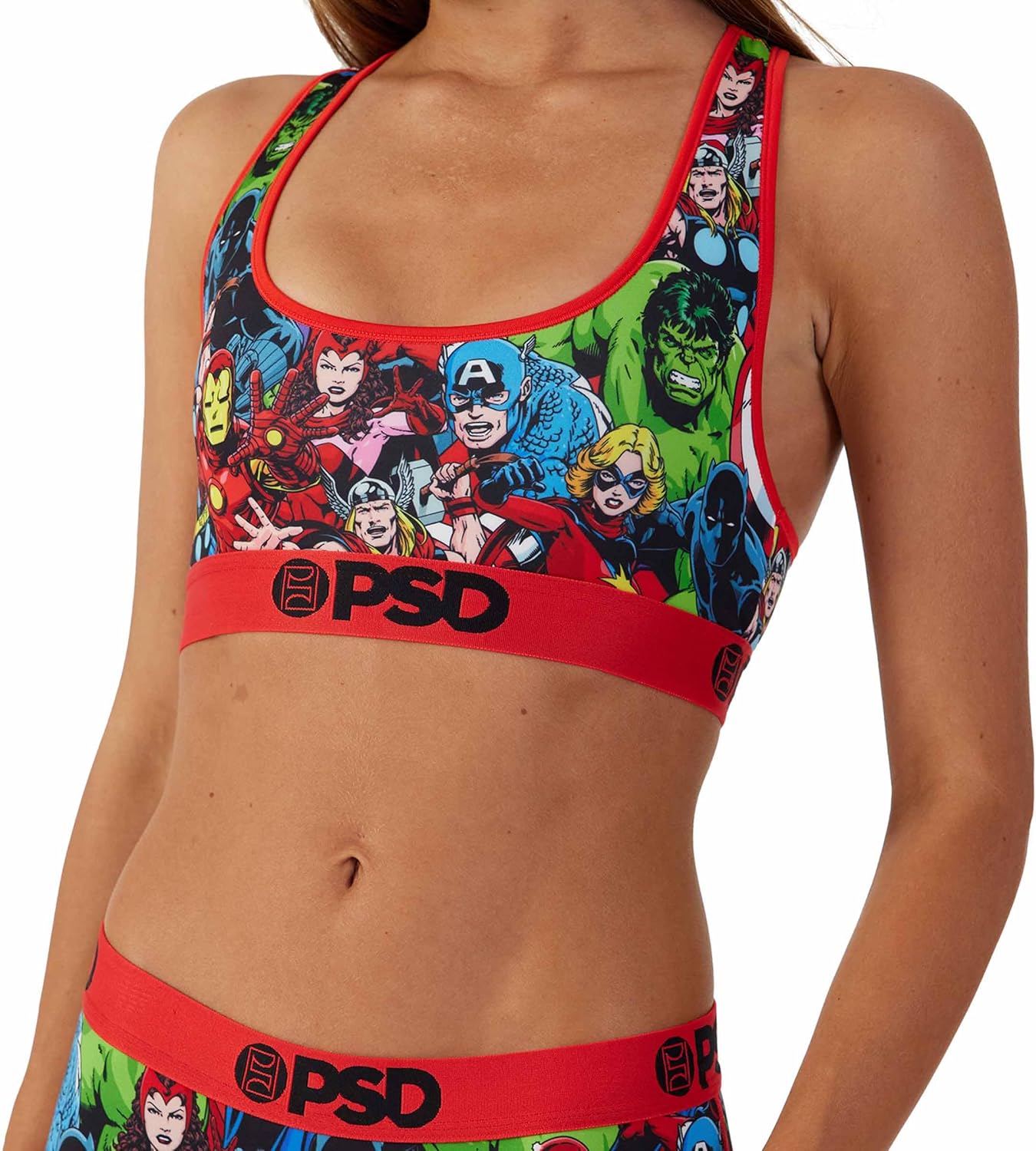 PSD Women's Marvel Print Sports Bra - Racerback Sports Bras for Women with Breathable Microfiber Fabric