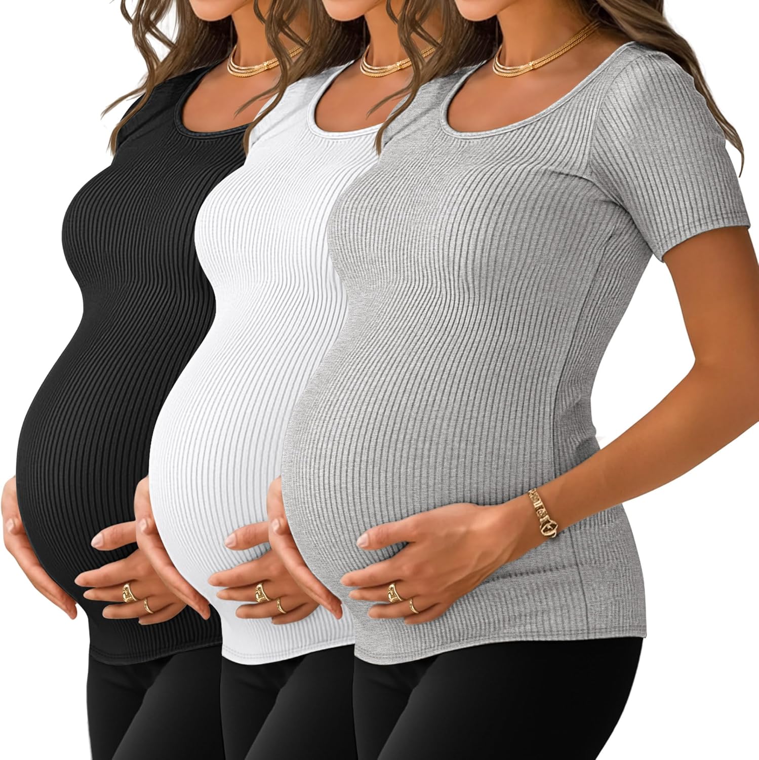 Neer 3 Pack Women's Ribbed Maternity Tops Pregnancy Round Neck Shirts Short Sleeve Soft Maternity Clothes for Mama