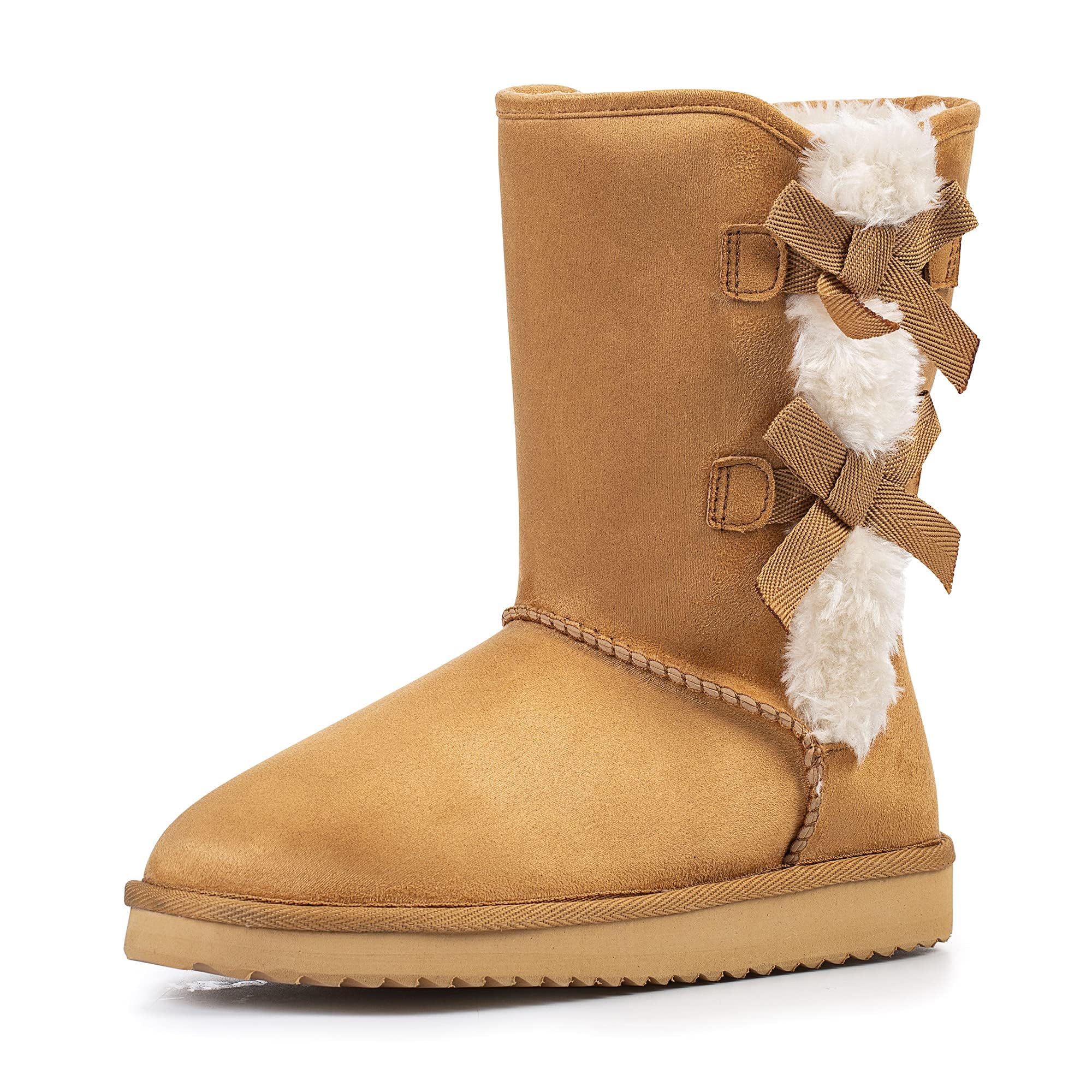 KRABOR Womens Suede Snow Boots Mid-Calf Winter Shoes with Side Bows