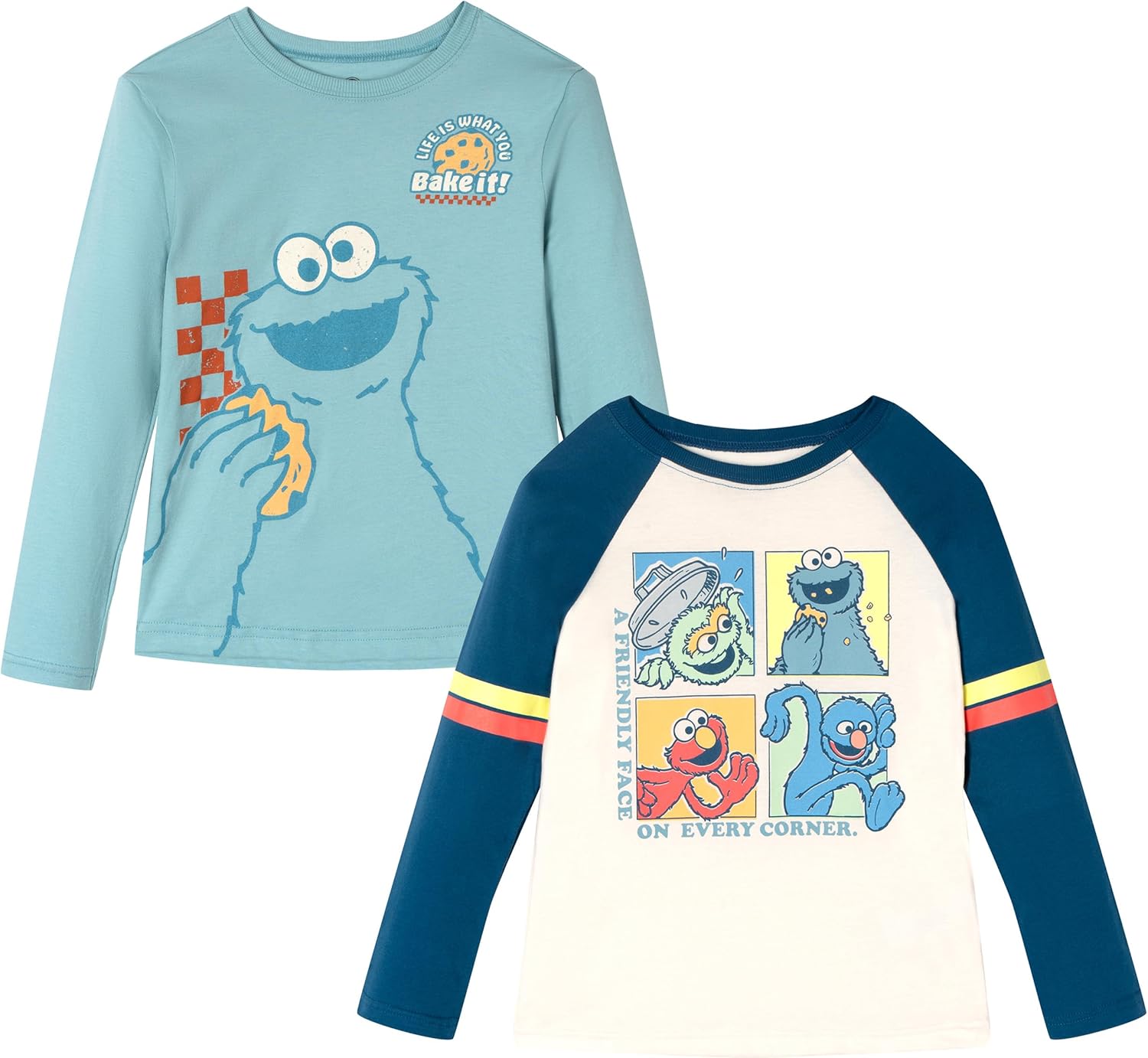 Sesame Street 2 Pack Raglan Long Sleeve T-Shirts Infant to Little Kid Sizes (12 Months - 5)