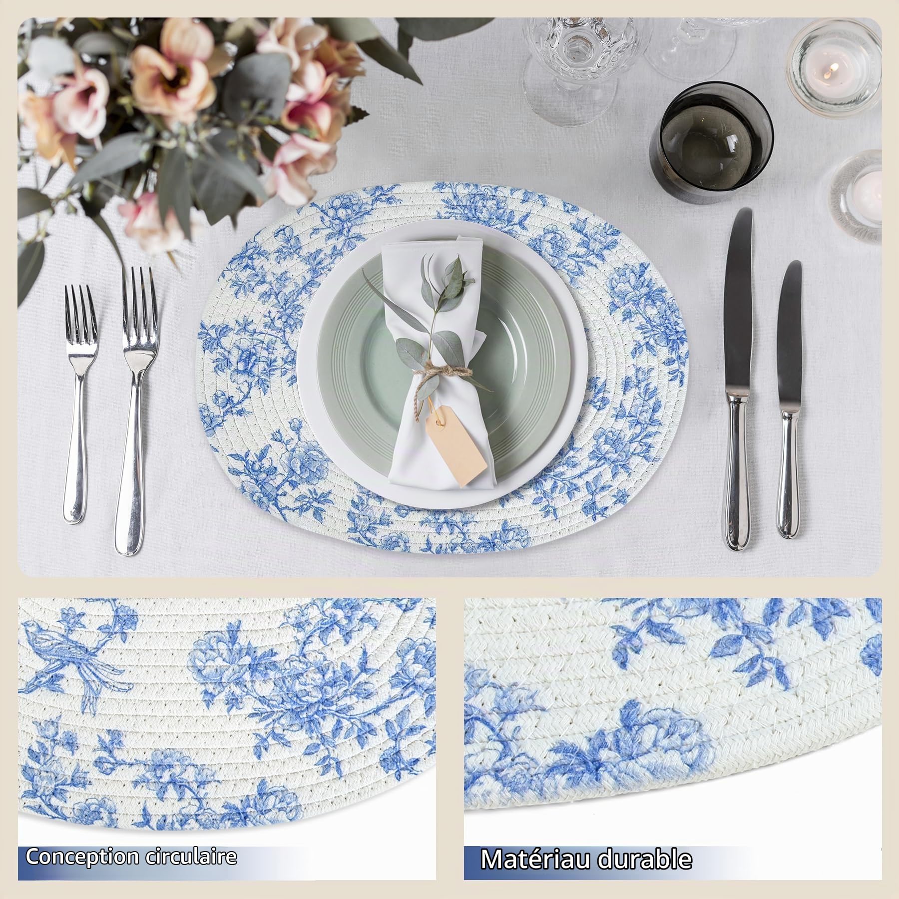 Lot de 6 sets de table ovales tissés - Motif porcelaine bleue et blanche - Corde en coton tressé - Lavables et faits à la main - Antidérapants - Décoration de cuisine - 40 x 30 cm