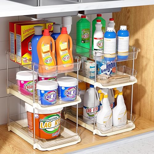 Vista 17 de Delamu 2 juegos de organizadores y almacenamiento de 3 niveles para debajo del fregadero, organizador de despensa apilable multiusos