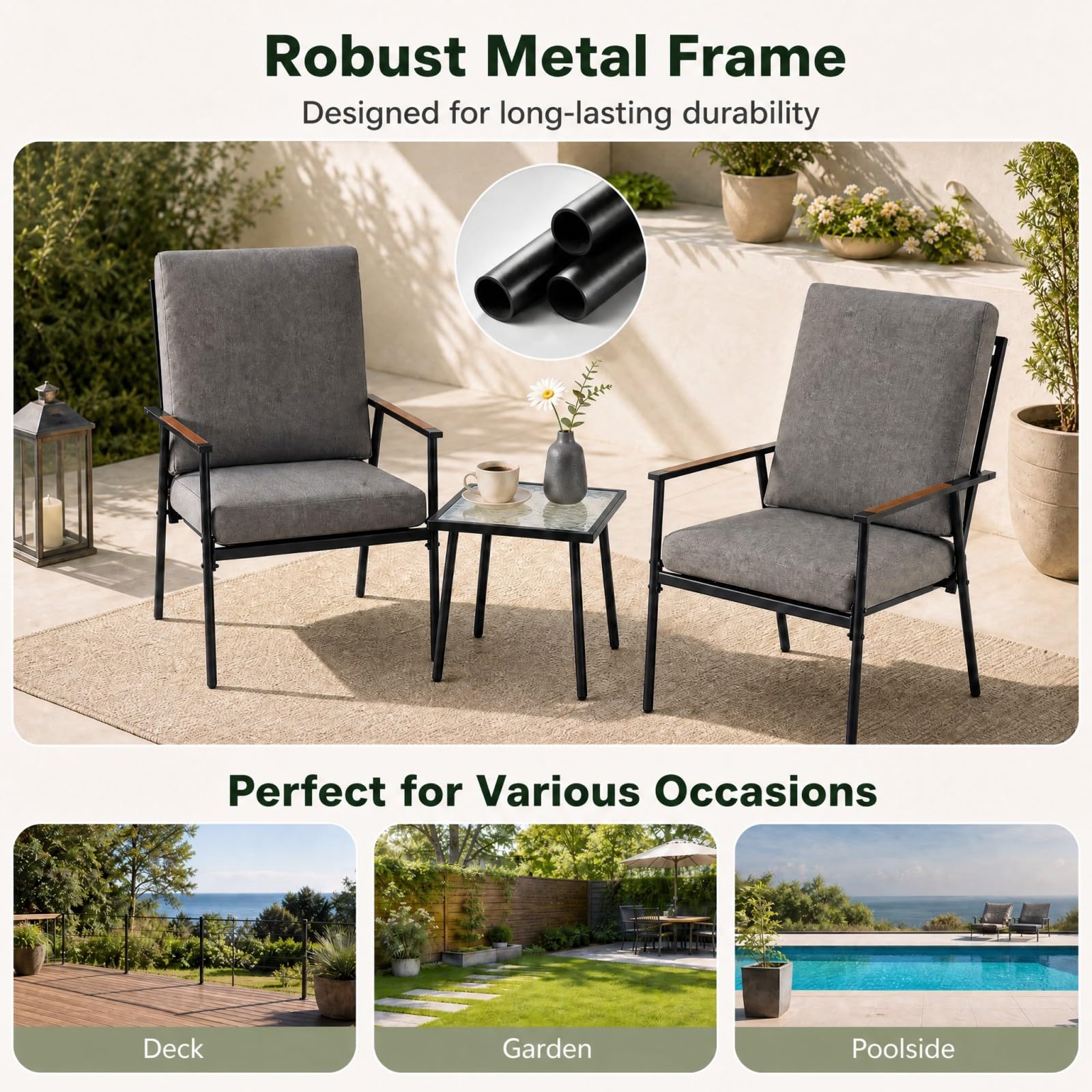 GOPLUS Juego de Muebles de Jardín Exterior de 3 Piezas con 4 Cojines | Conjunto de Conversación de Patio con 2 Sillas, Mesa Auxiliar de Vidrio Templado, Juego de Mesa y Sillas para Terraza Piscina