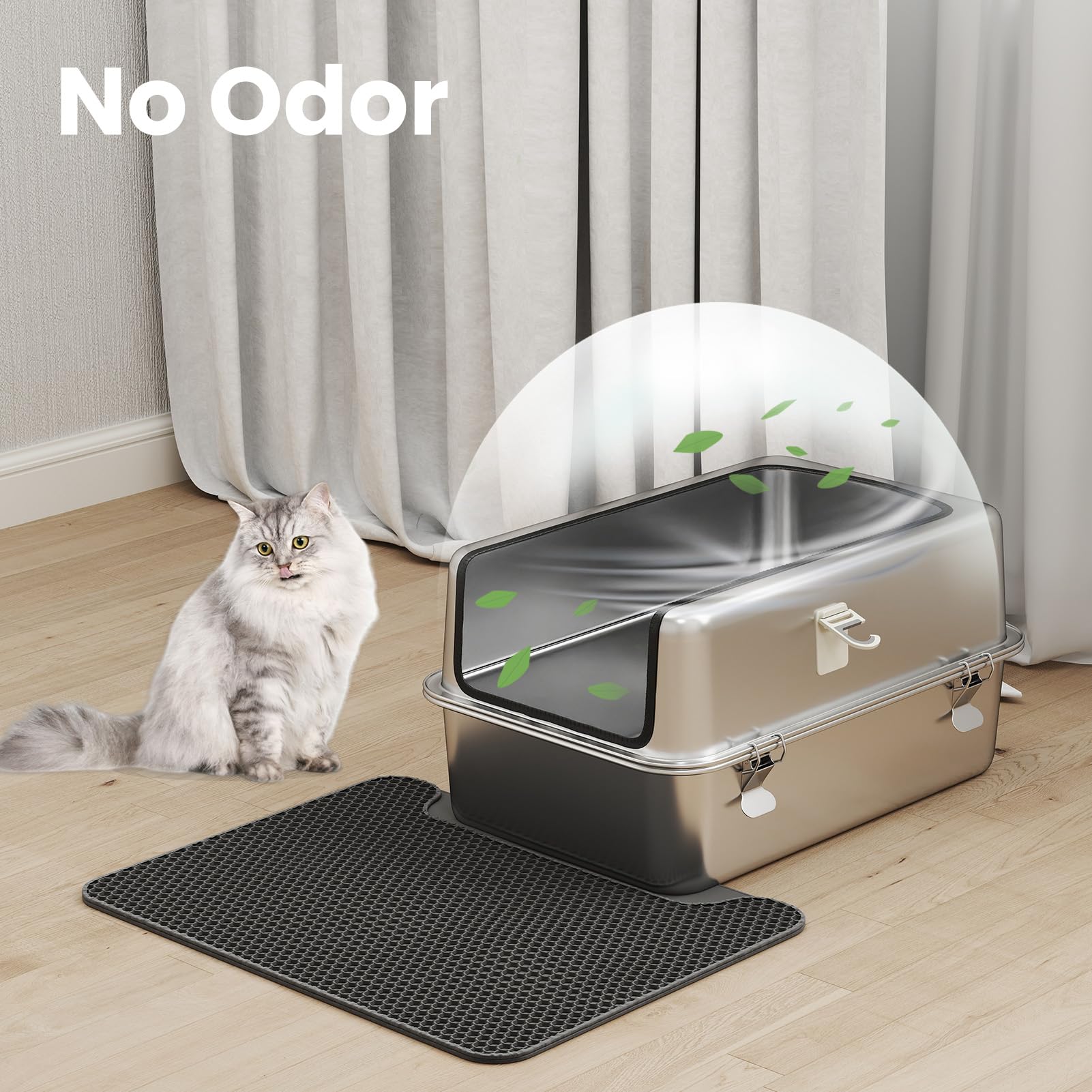Youyijia XXL Katzentoilette Edelstahl, 30L Katzentoilette mit spritzwassergeschützt Deckel, großem Metall-Streubehälter, Streumatte und Streuschaufel, große und mittelgroße Katzen, 59,5 x 39,5 x 30 cm