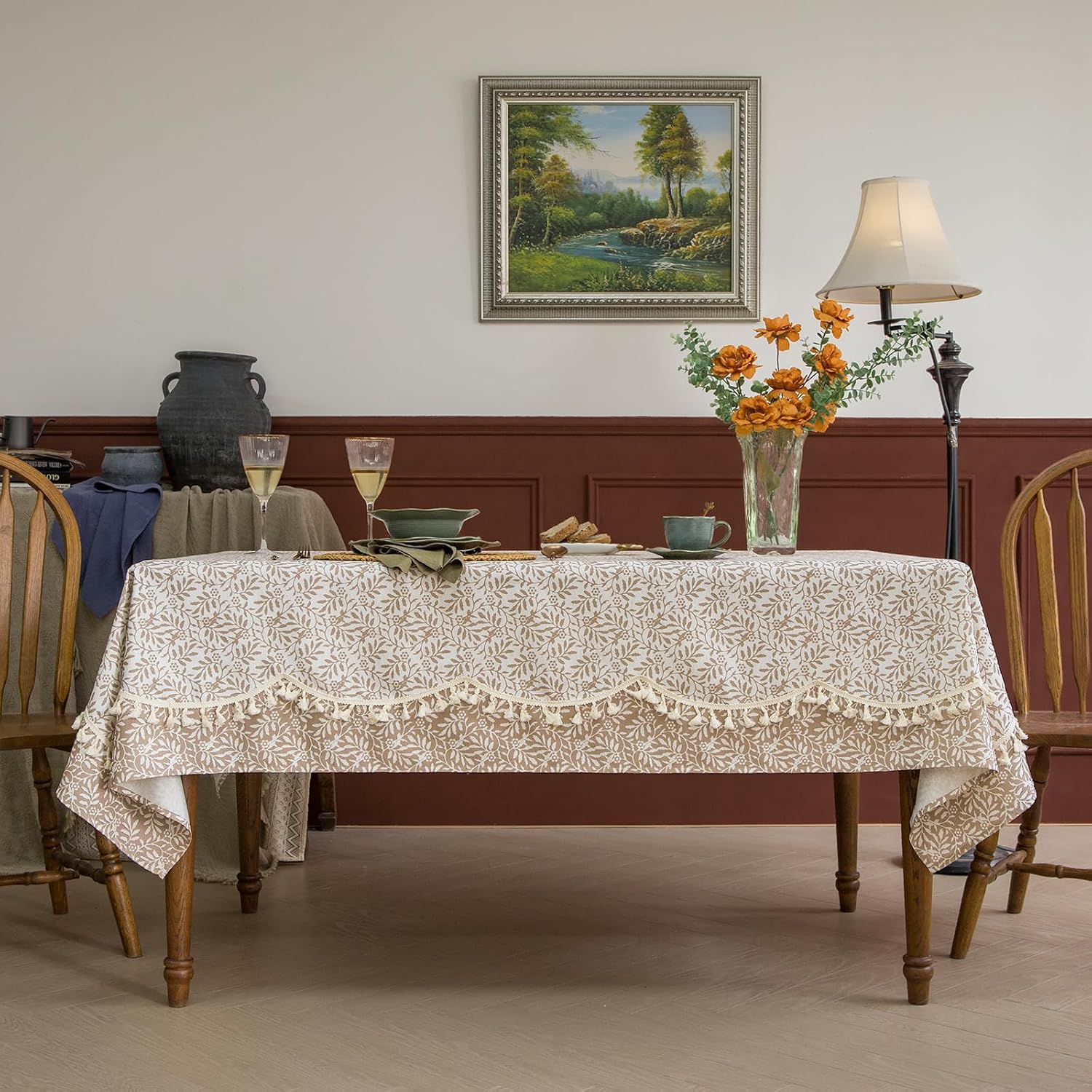 Rustic Tablecloth Linen Blended Rectangle/Oblong Tablecloth Plant Leaf Printed with Wavy Line Tassels Trim Table Cover for Buffet Parties Event Farmhouse Kitchen Dining Decor Coffee Brown 55x102 In