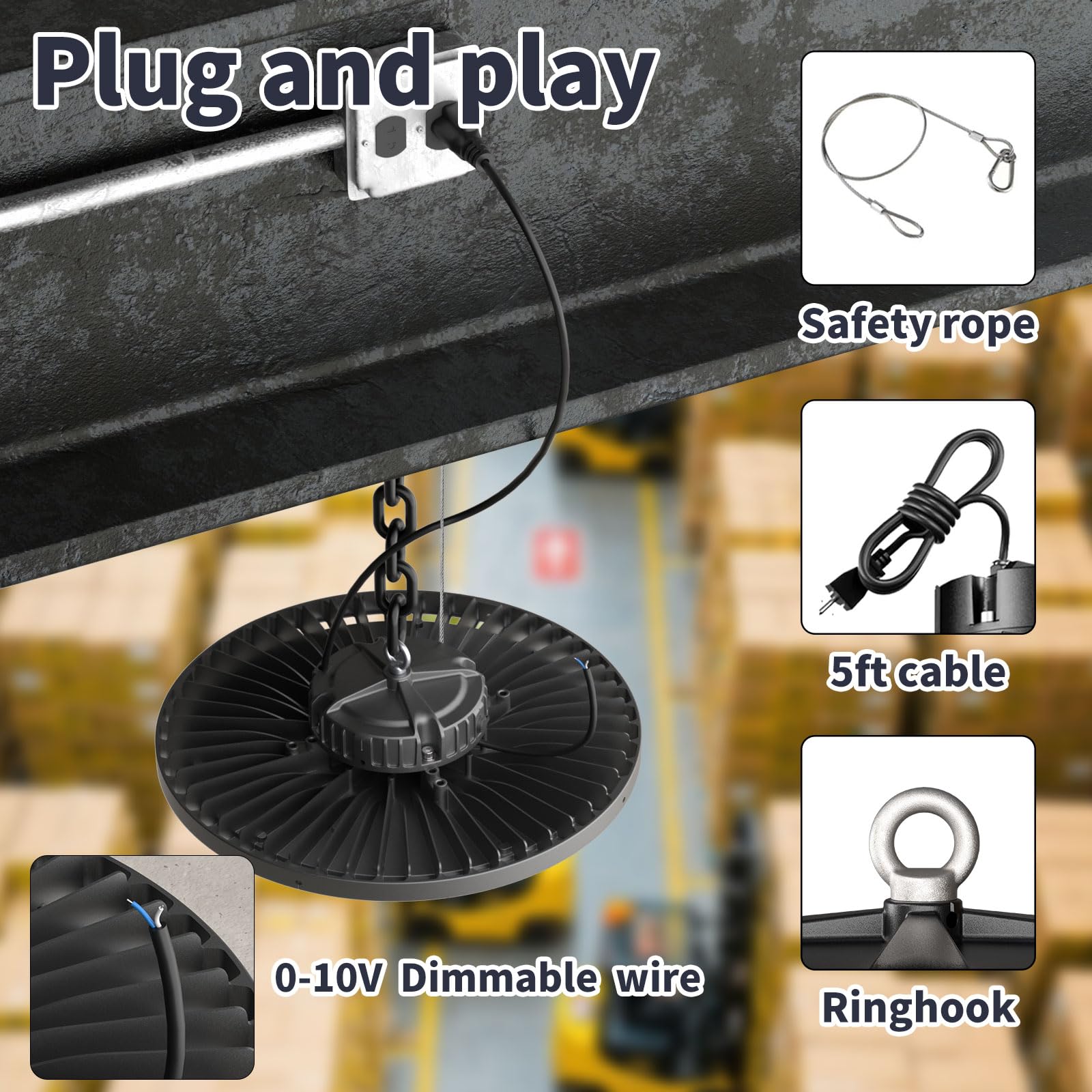 6 Pack UFO LED High Bay Light 0-10V Dimmable 150W 27000LM 5000K - High Bay LED Shop Light — view 5