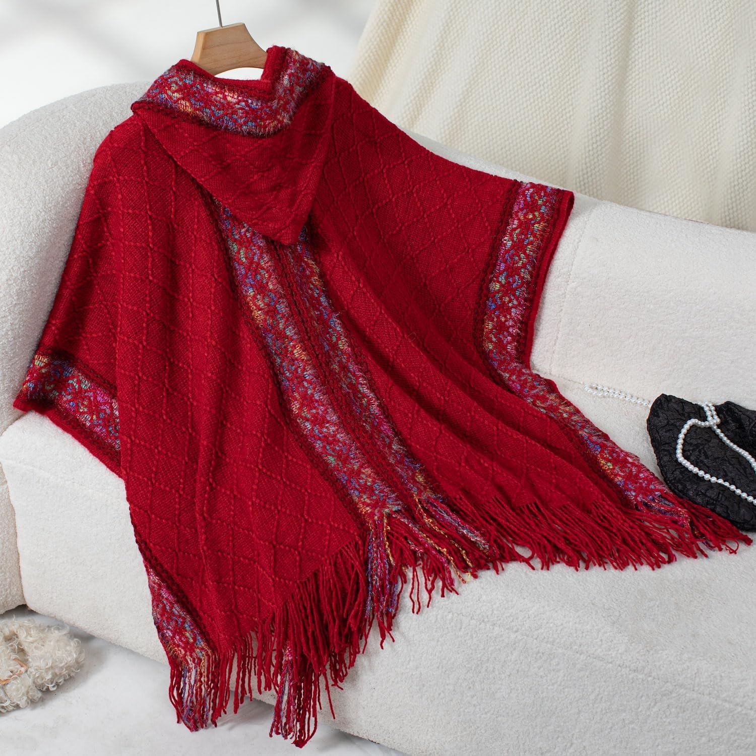 Velius Women Boho Knitted Hooded Open Front Shrug Shawl Poncho Cape with Tassel - Image 3