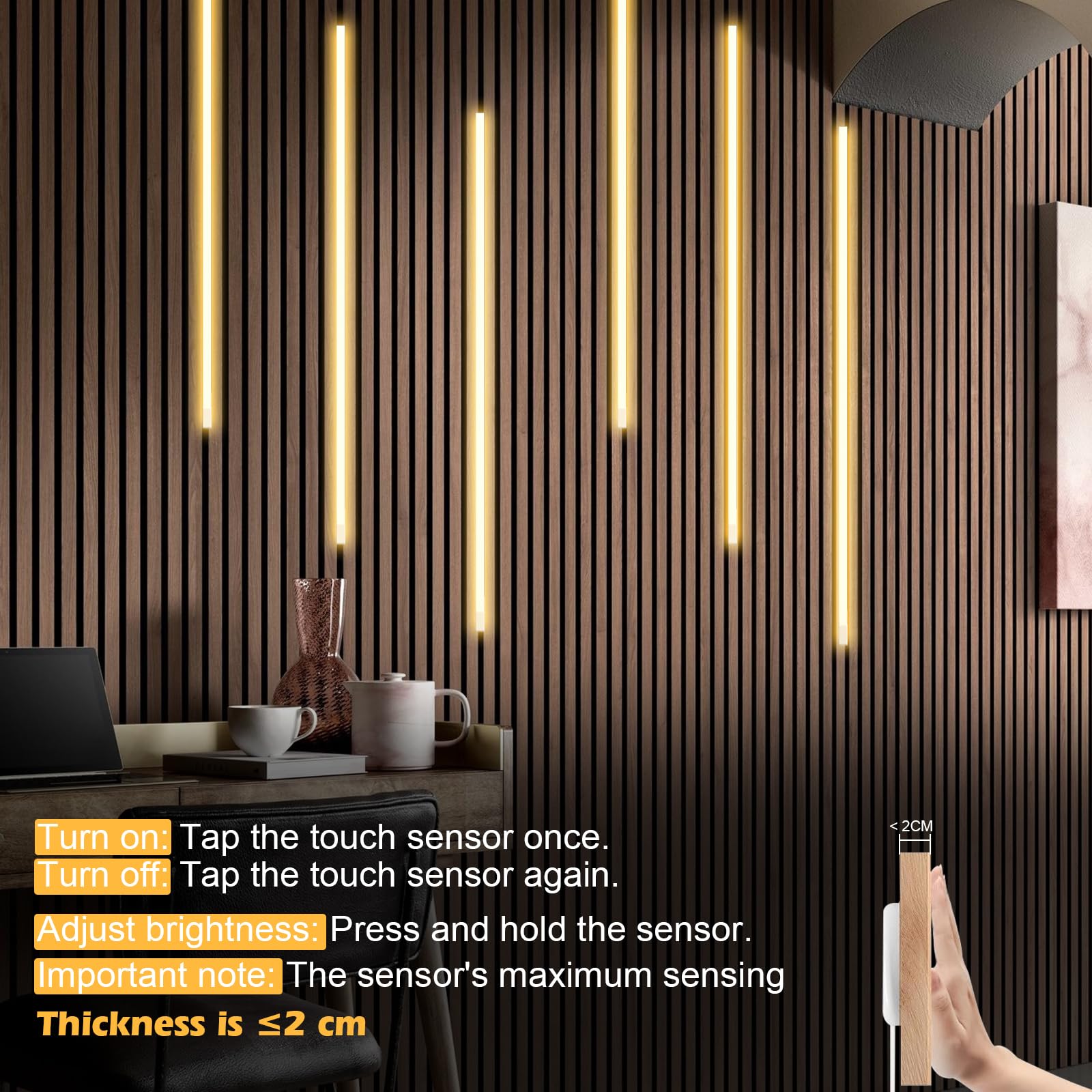 Tiras LED para Paneles Acústicos, 6 x 90 cm - Iluminación Dimmable con Sensor Táctil, Tira LED Incorporada y Cortable para Paneles Acústicos, Estantes, Armarios