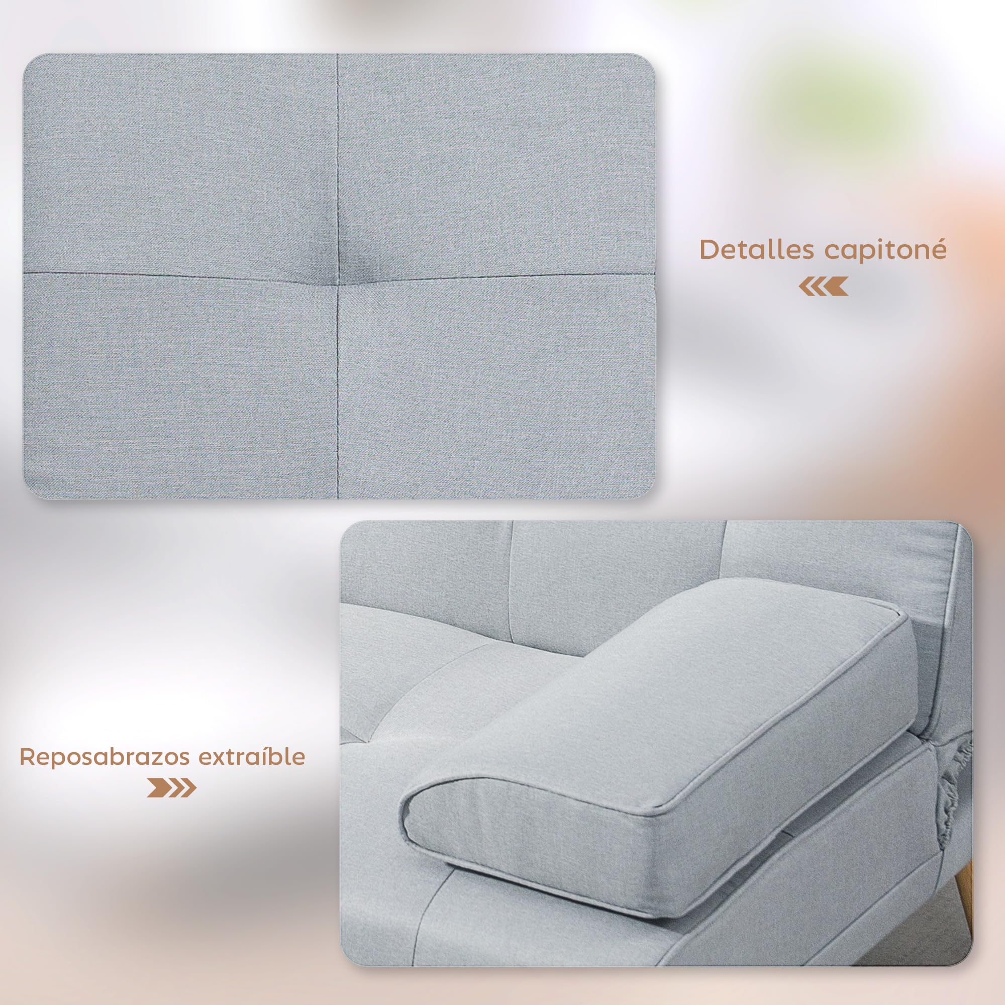 HOMCOM Sofá Cama 3 Plazas, Mesa Abatible con 2 Soportes para Vasos, 181x77x78 cm, Sofá Cama con Respaldo Ajustable, Apertura Clik-Clak, Reposabrazos Desmontables, Patas de Madera, Gris Claro