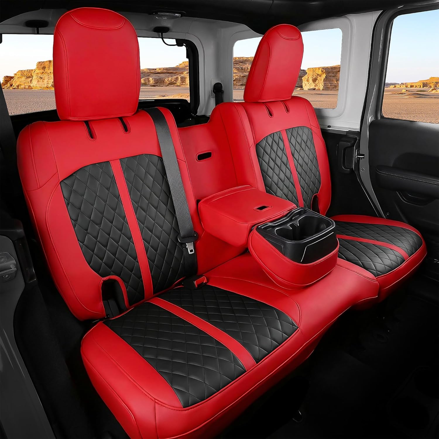 for Jeep Wrangler Seat Covers 4Door JL 2018 2019 2020 2021 2022 2023 2024 2025 2026, Custom Fit Car Seat Cover Full Set, Luxury Waterproof Leather Protectors, Red Black, with Rear Cup Holder Red & Black JL 18-26 4Door With Rear Cup Holder