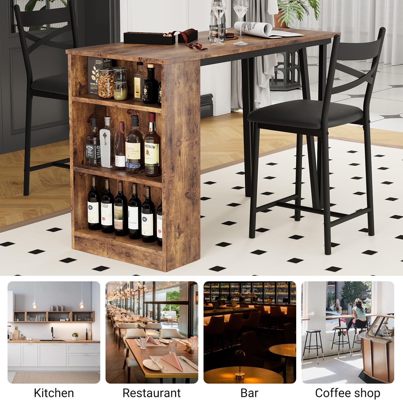 GarveeHome Zestaw 3 składanych stołów barowych + 2 stołki + 3 półki - autentyczny styl industrialny (szczotkowana stal i drewno sprężynowe) - kompaktowa grubość 8 cm po złożeniu - do otwartej kuchni i