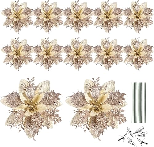 Toyvian Flores de Pascua artificiales con purpurina navideña, 12 adornos de flores para árbol de Navidad, decoración de fiesta de Navidad con 12