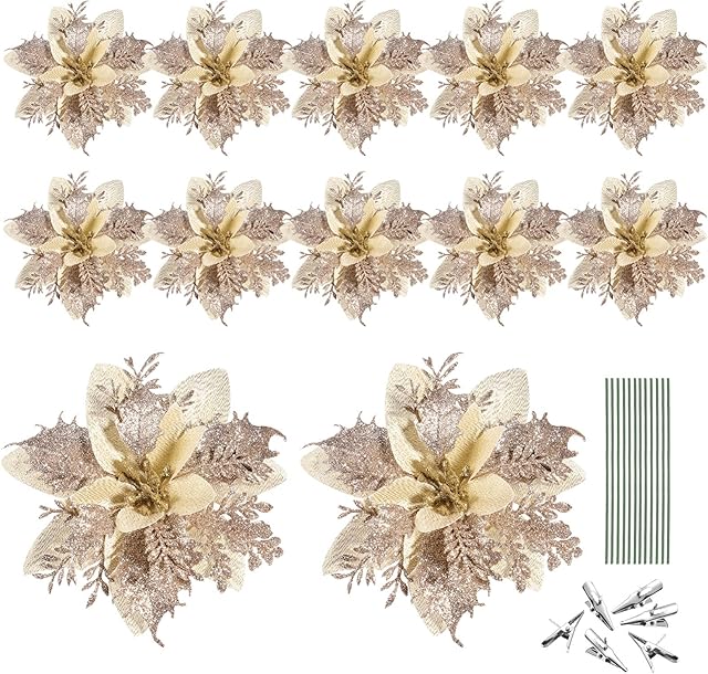 Toyvian Christmas Glitter Artificial Poinsettia Flowers, 12pcs Christmas Tree Flowers Ornaments, Xmas Party Decoration with 12pcs Stems and Clips  Light Gold 