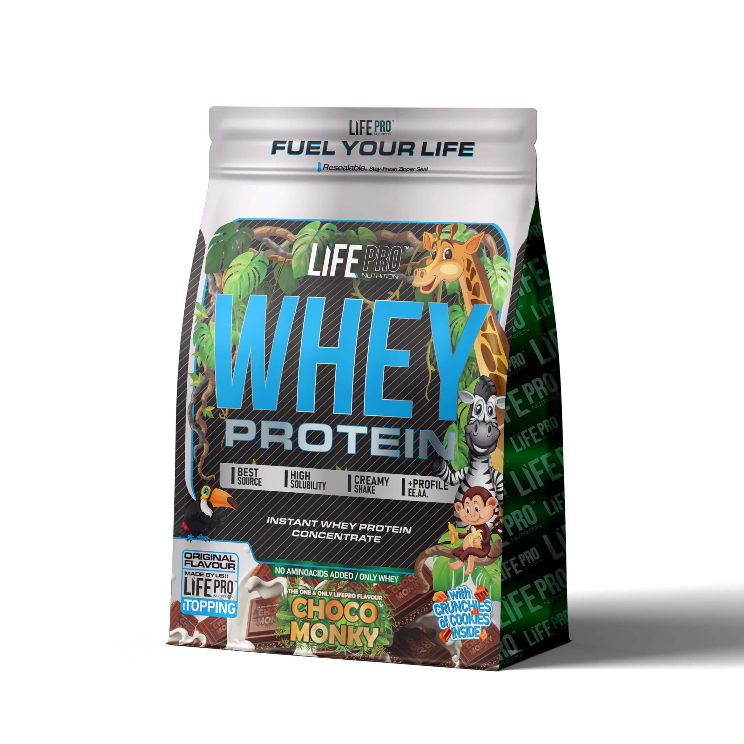 Life Pro Whey Protein Choco Monky en Polvo 2kg | Proteinas Whey en Polvo con Suero de Leche | Alta Proteína para Masa Muscular y Recuperación con BCAA y Glutamina