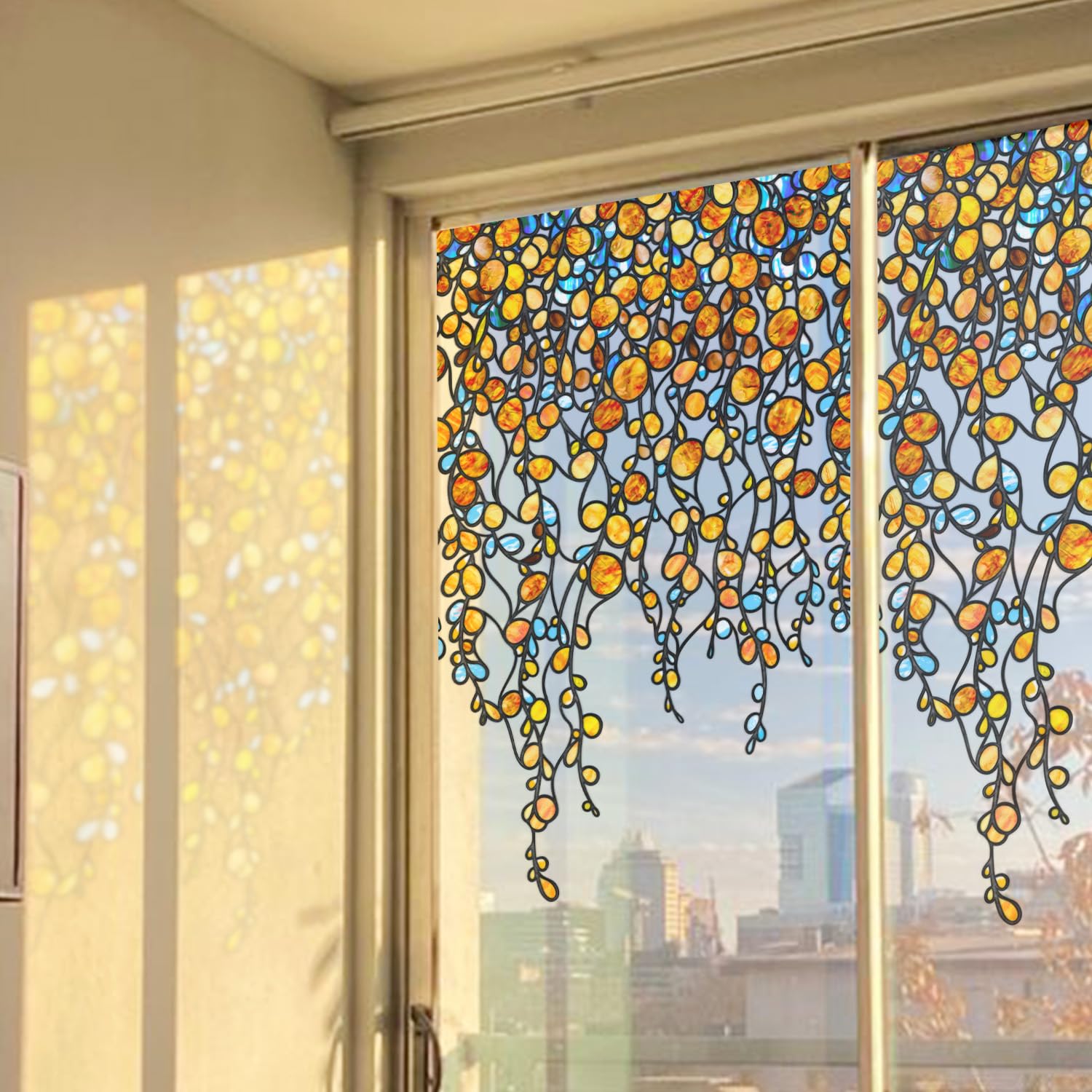 ChicSkin Original Hand Drawn Faux Stained Glass Window Hanging Clings?Double Sided See Through Green Window Film Floral for Living Room,Glass Front Door,Boho Sunset Vine 31.5