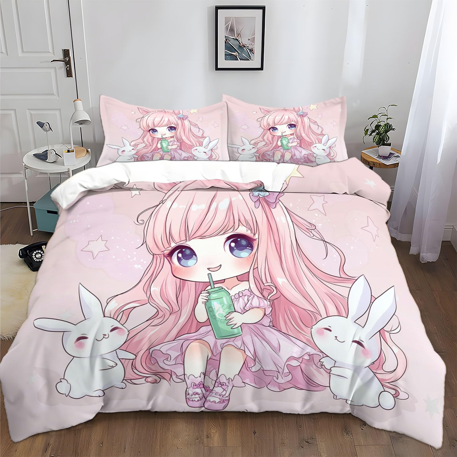 Funda Nordica Infantil para Cama 90 Niña Rosa De Dibujos Animados con Conejito Funda de Edredón de Polialgodón, Juego de Ropa de Cama con Fundas Nordicas 150x200 cm + 2 50x75 cm