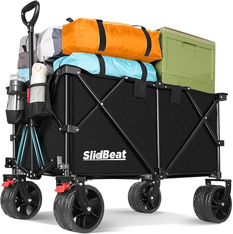 SLIDBEAT Carro de Playa XXL – 220L y 200KG de Capacidad, Carro Plegable con Ruedas Grandes Todo Terreno y Mango Auto-rebotante, Ideal para la Playa, Jardín o Camping, con Frenos de Seguridad