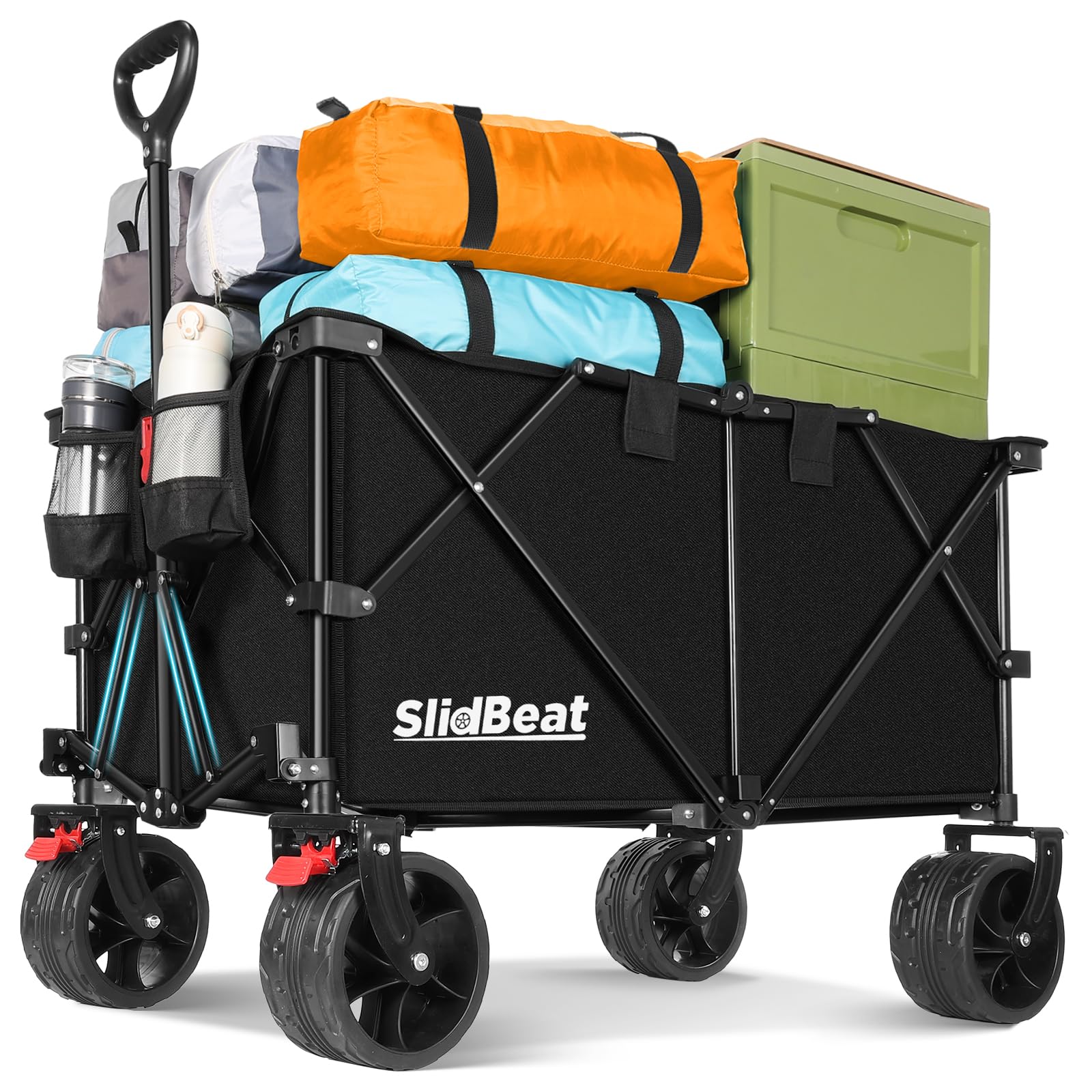 SLIDBEAT Carro de Playa XXL – 220L y 200KG de Capacidad, Carro Plegable con Ruedas Grandes Todo Terreno y Mango Auto-rebotante, Ideal para la Playa, Jardín o Camping, con Frenos de Seguridad